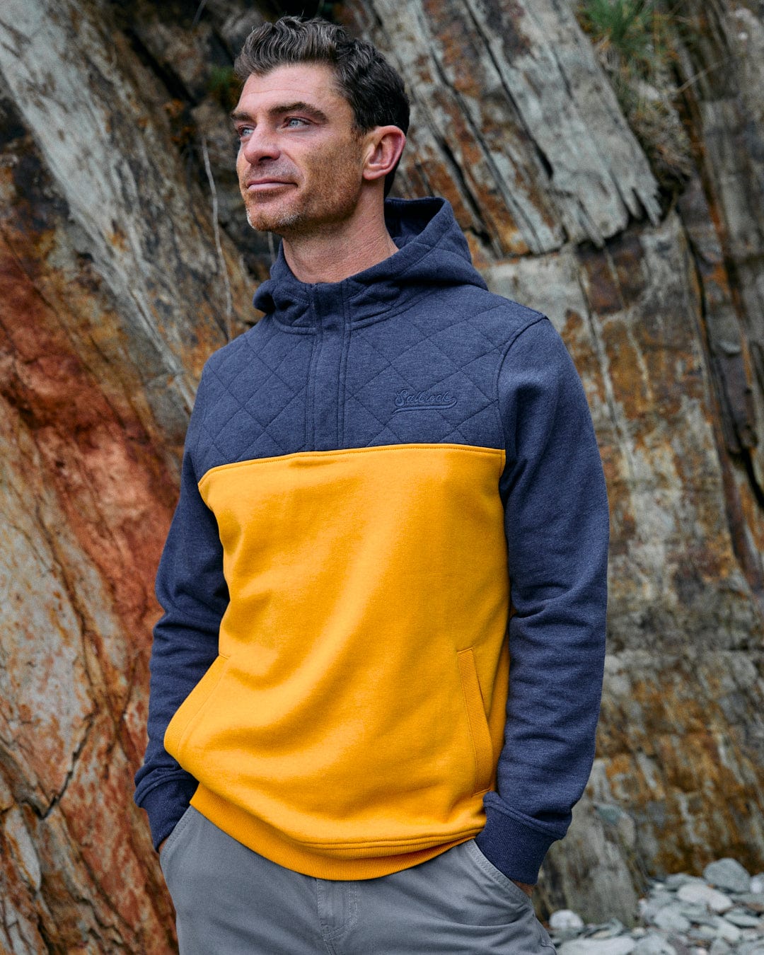 Aiken - Mens 1/4 Neck Recycled Hoodie - Yellow - Image 3