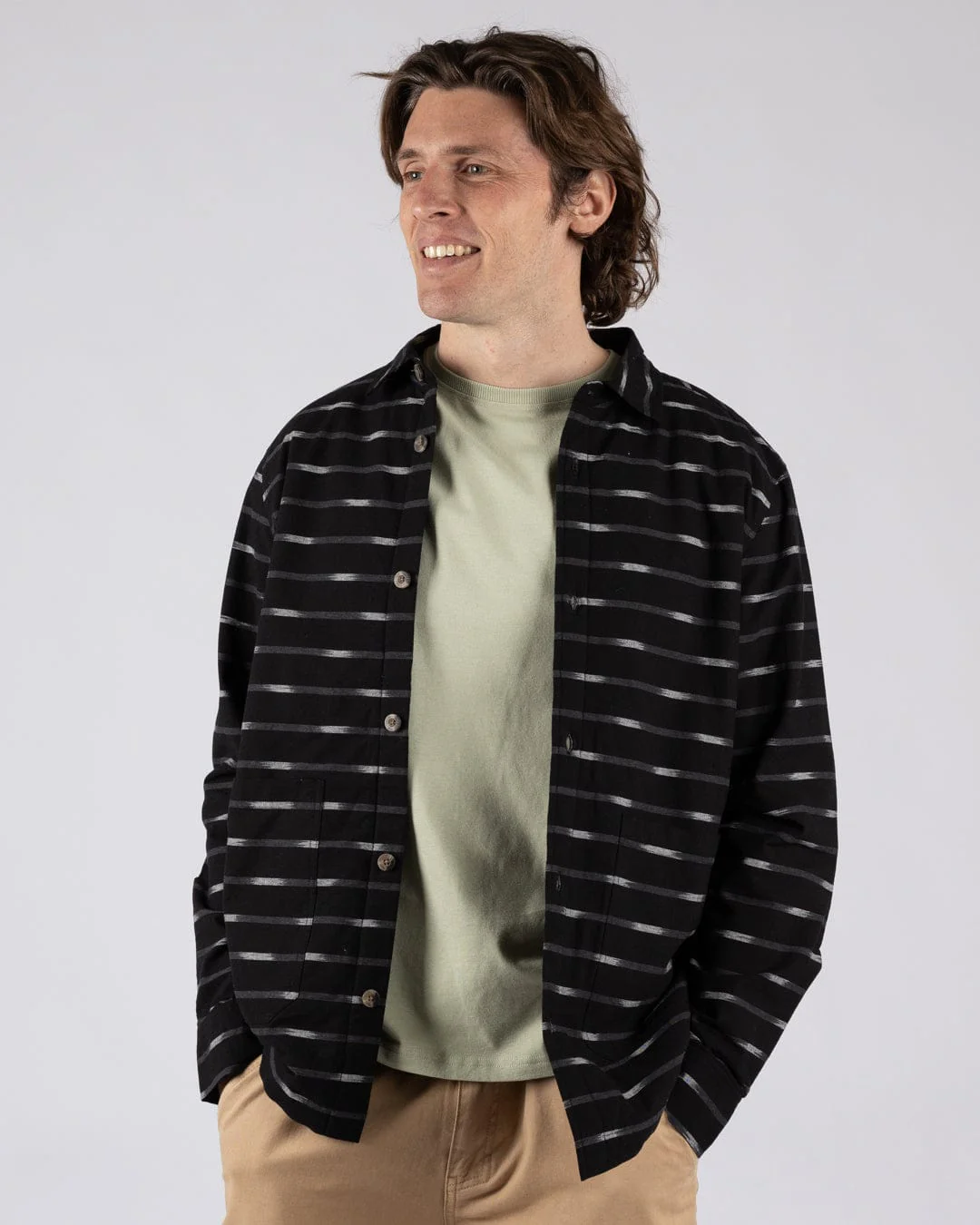 Ammar - Mens Sherpa Lined Shirt - Grey Stripe - Image 10