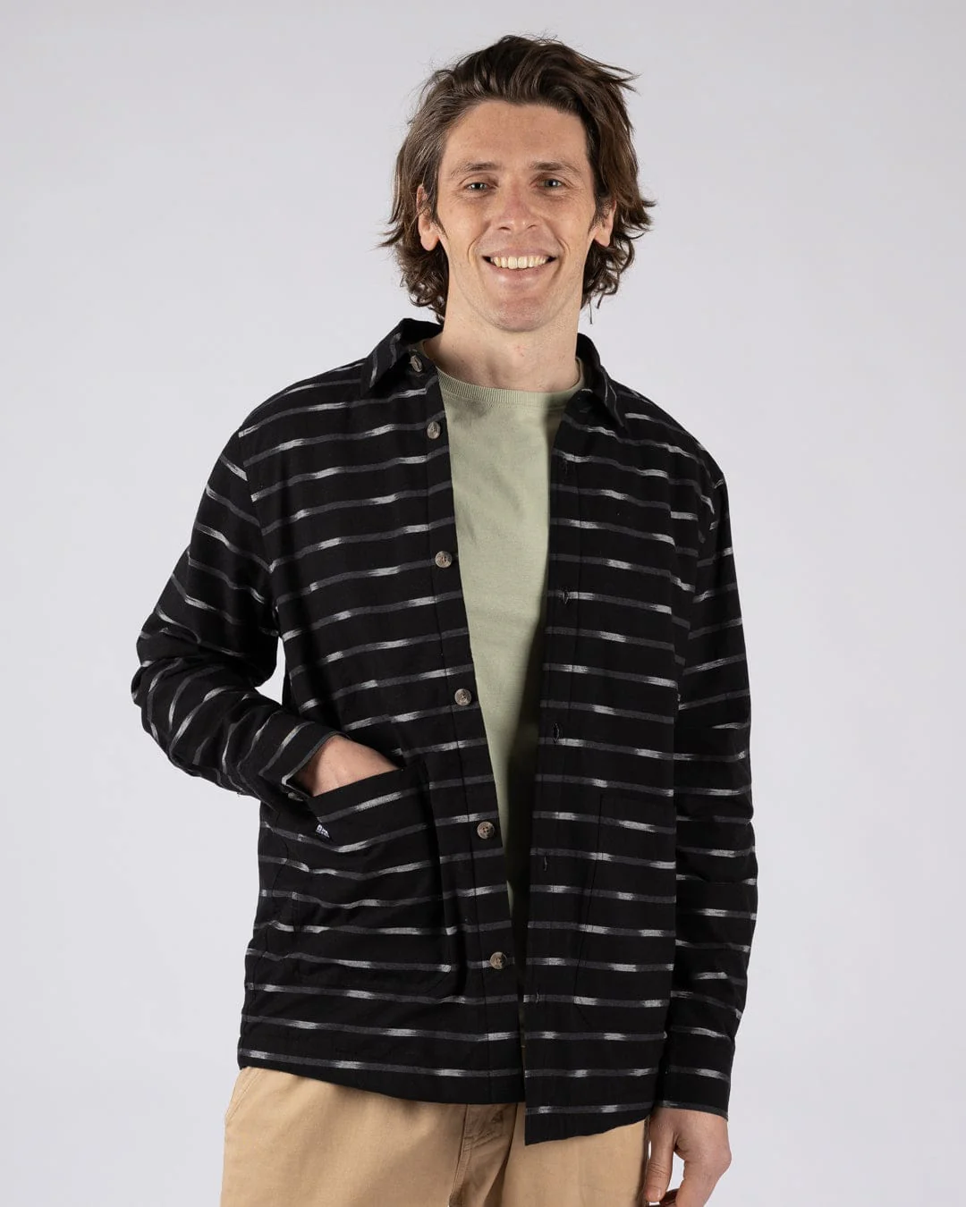Ammar - Mens Sherpa Lined Shirt - Grey Stripe - Image 8