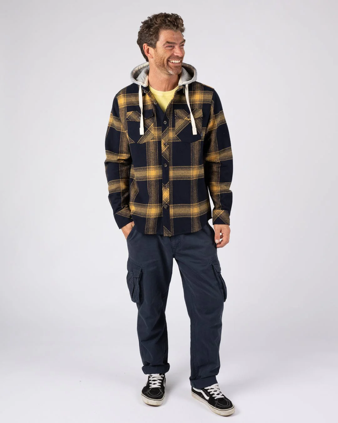 Beale - Mens Hooded Check Shirt - Yellow/Blue - Image 10