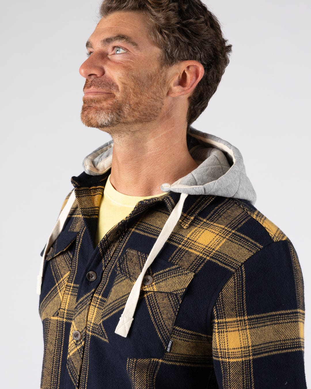 Beale - Mens Hooded Check Shirt - Yellow/Blue - Image 3