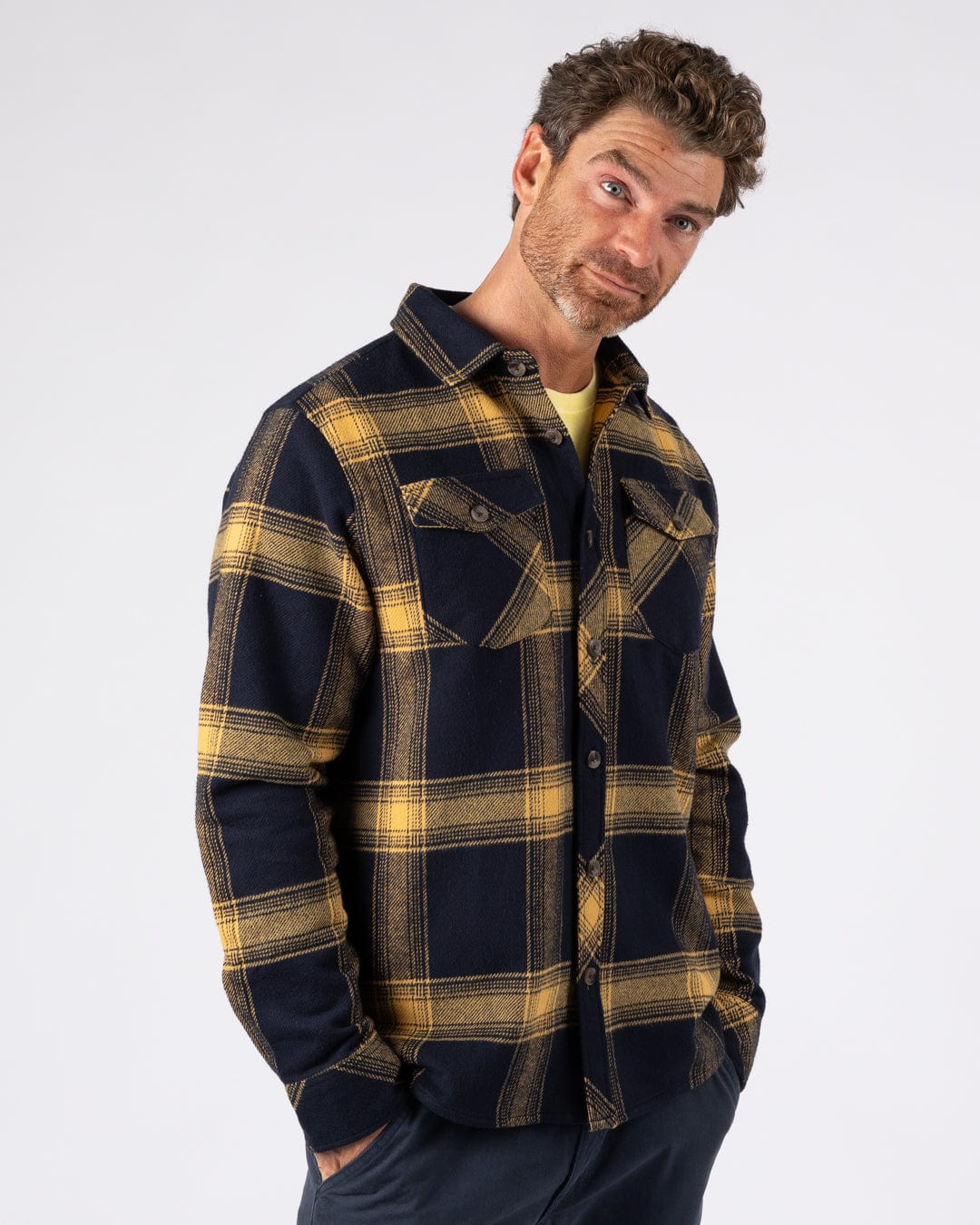 Beale - Mens Hooded Check Shirt - Yellow/Blue - Image 6