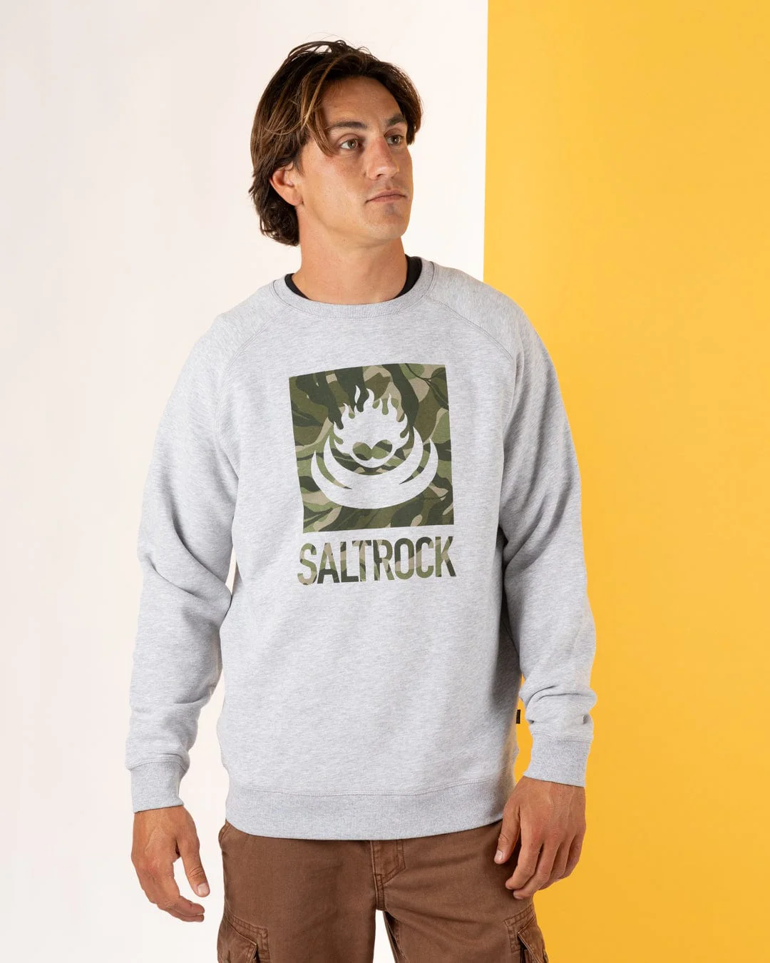 Camo Leaf Flame - Mens Sweat Shirt - Grey - Image 2