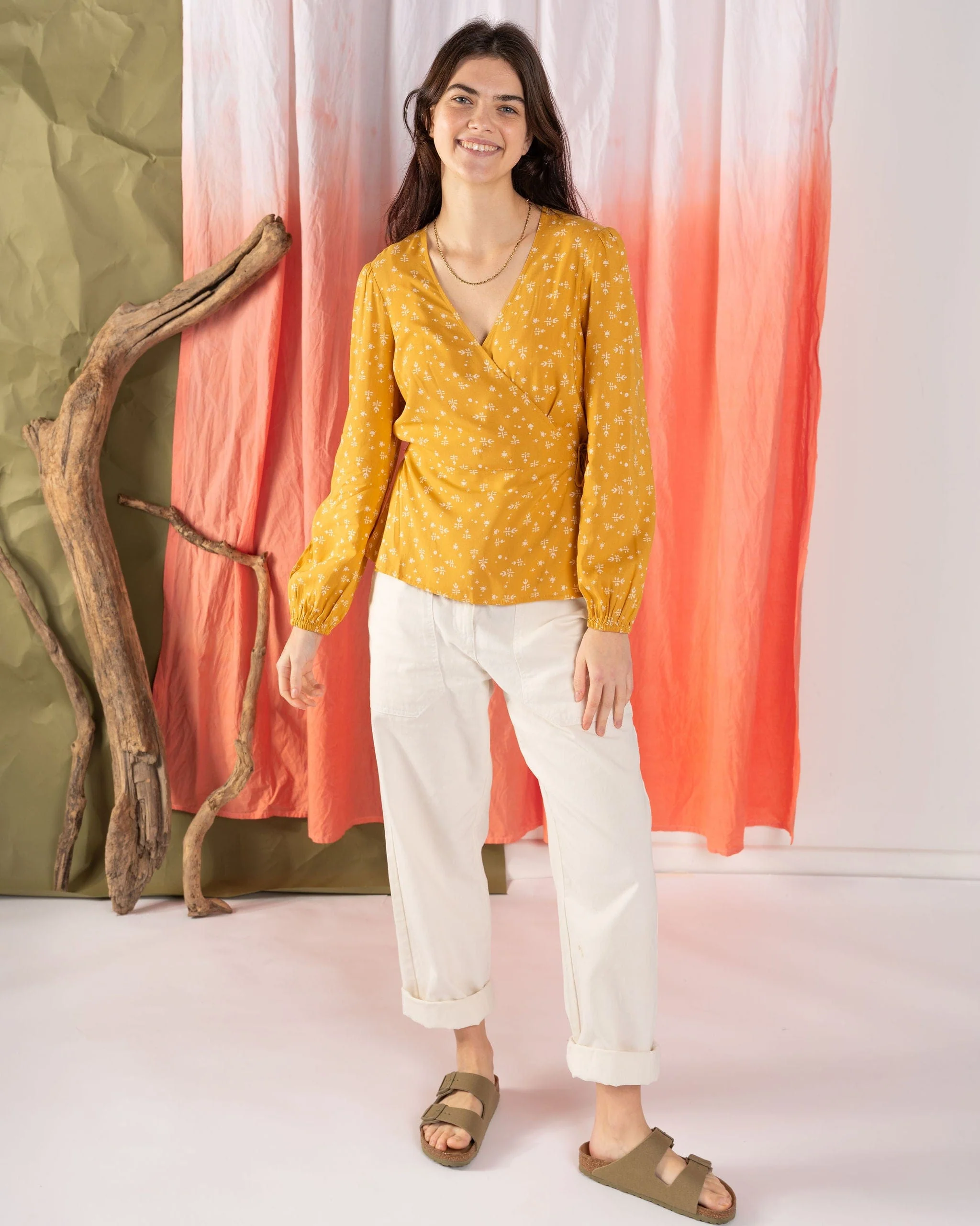 Drew - Womens Ditsy Floral Wrap Blouse - Yellow - Image 10