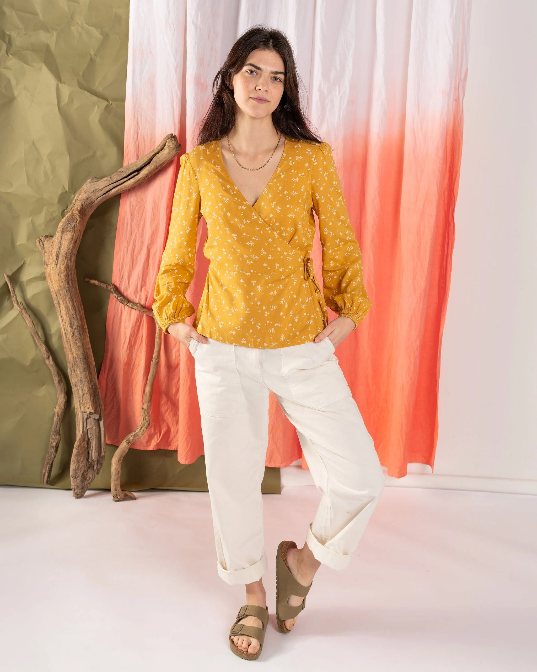 Drew - Womens Ditsy Floral Wrap Blouse - Yellow - Image 13