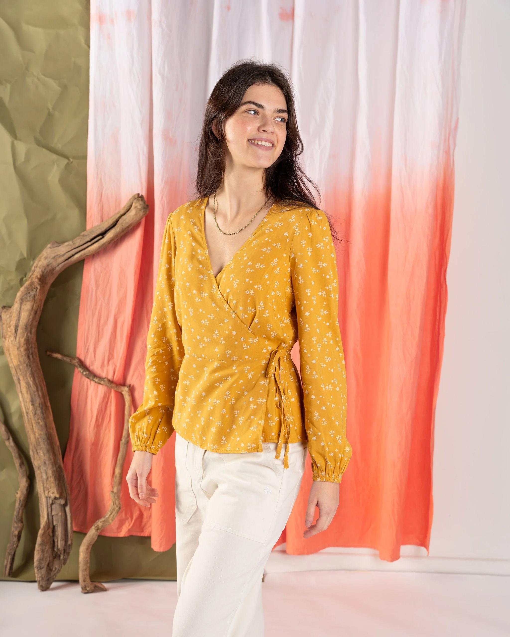 Drew - Womens Ditsy Floral Wrap Blouse - Yellow - Image 4