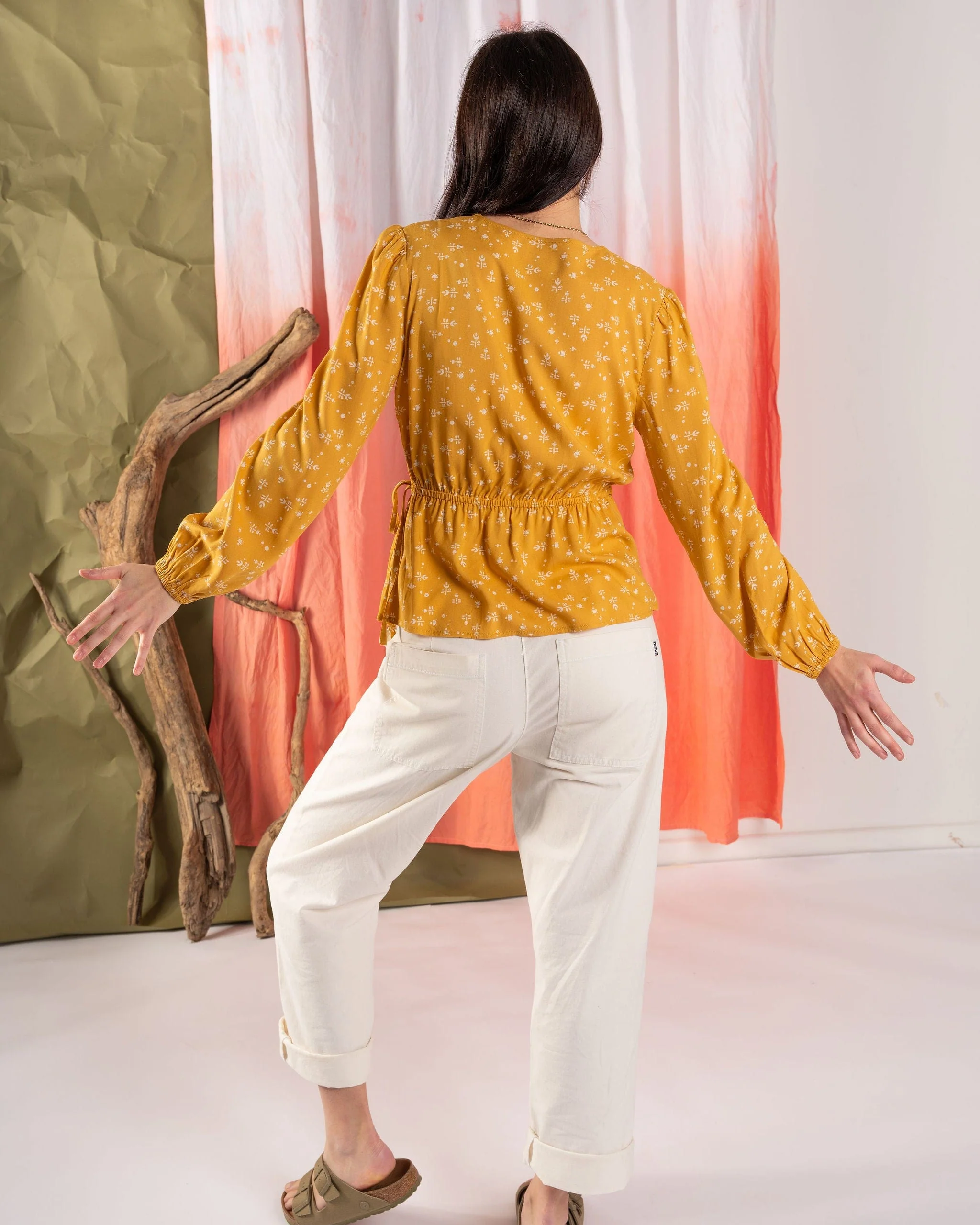 Drew - Womens Ditsy Floral Wrap Blouse - Yellow - Image 8