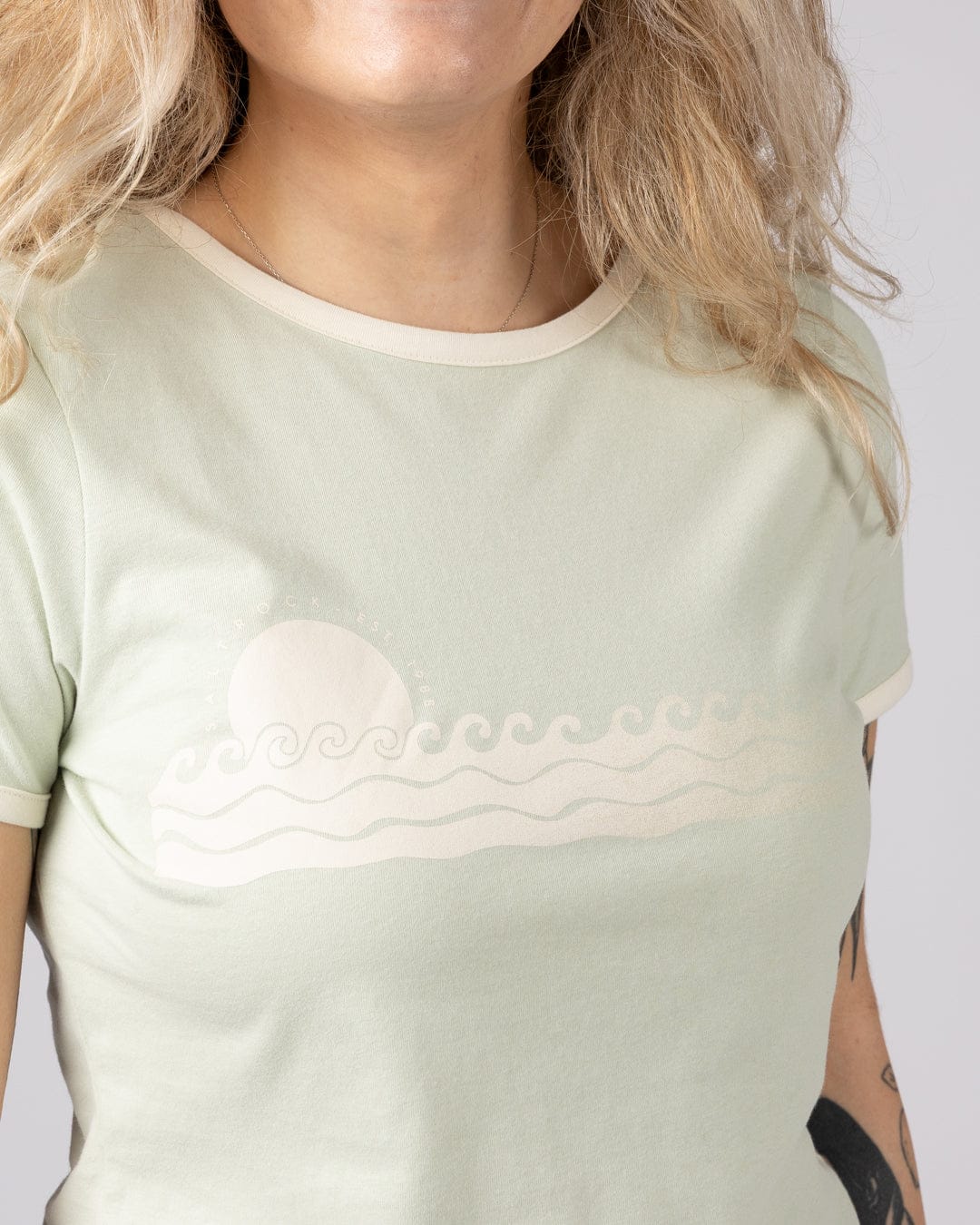 Golden Hour - Womens Short Sleeve Ringer T-Shirt - Light Green - Image 3