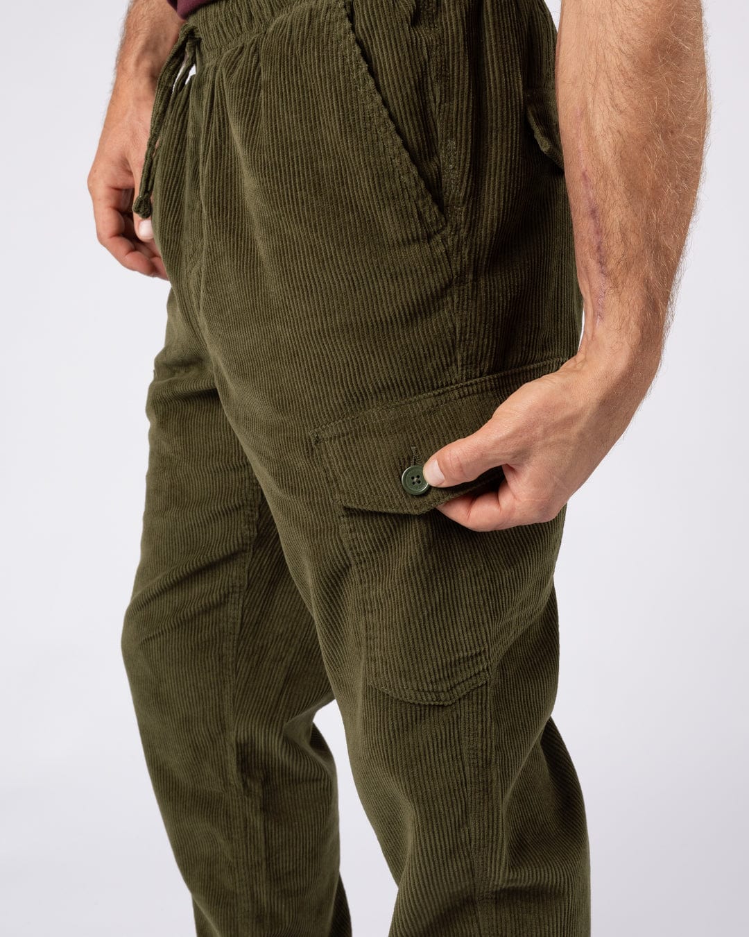 Grove - Mens Corduroy Cargo Trousers - Dark Green - Image 3