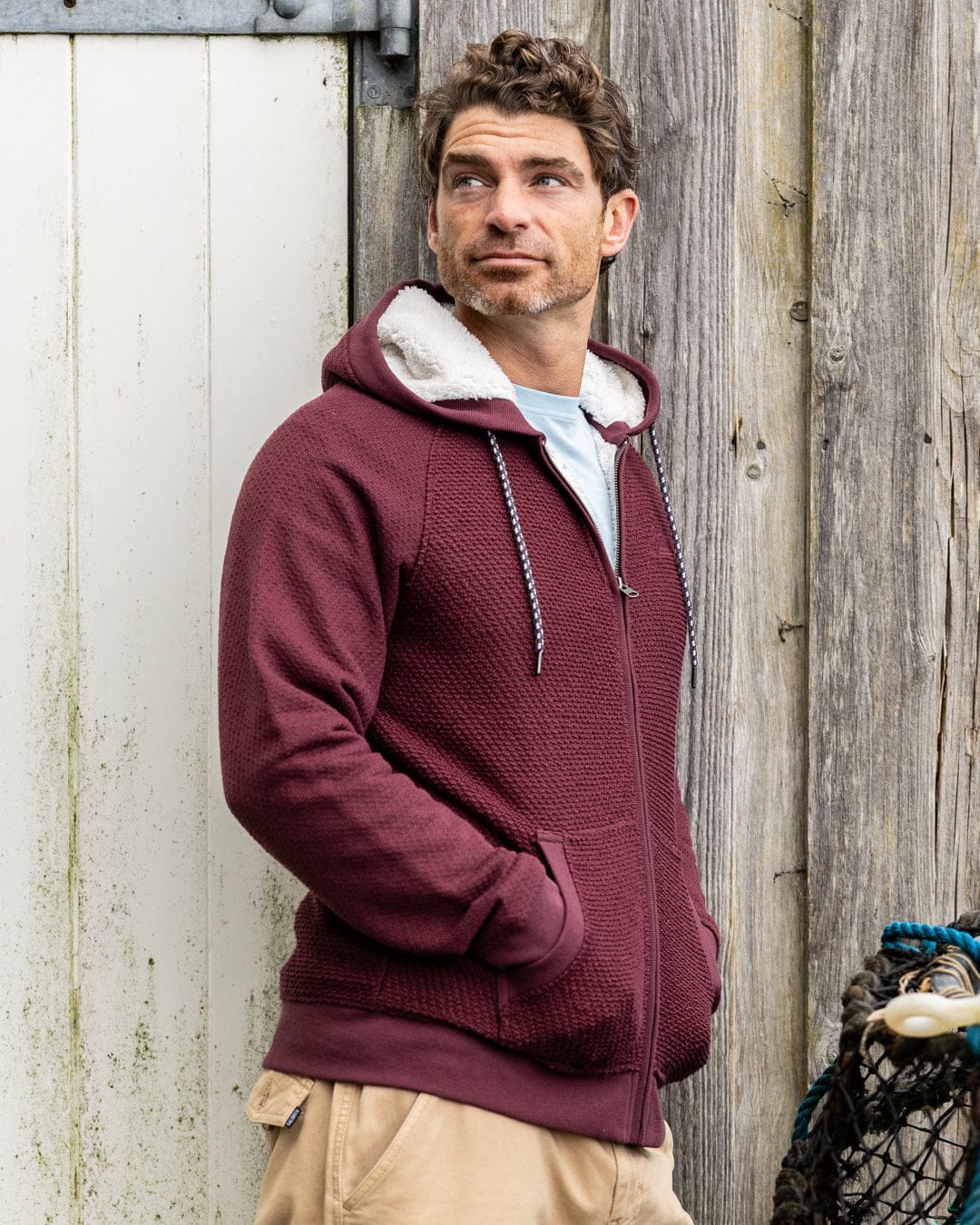 Hall Embro - Mens Borg Lined Hoodie - Dark Red - Image 3