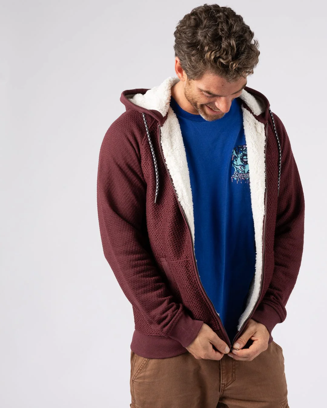 Hall Embro - Mens Borg Lined Hoodie - Dark Red - Image 5