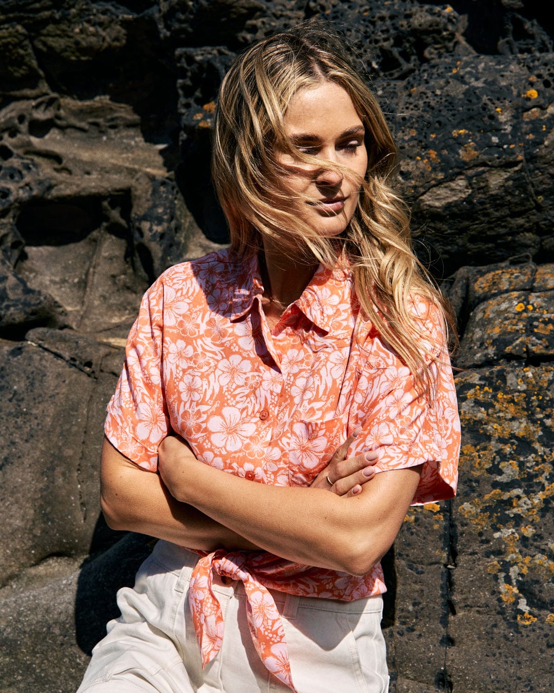 Hibiscus - Womens Tie Front Shirt - Orange - Image 3