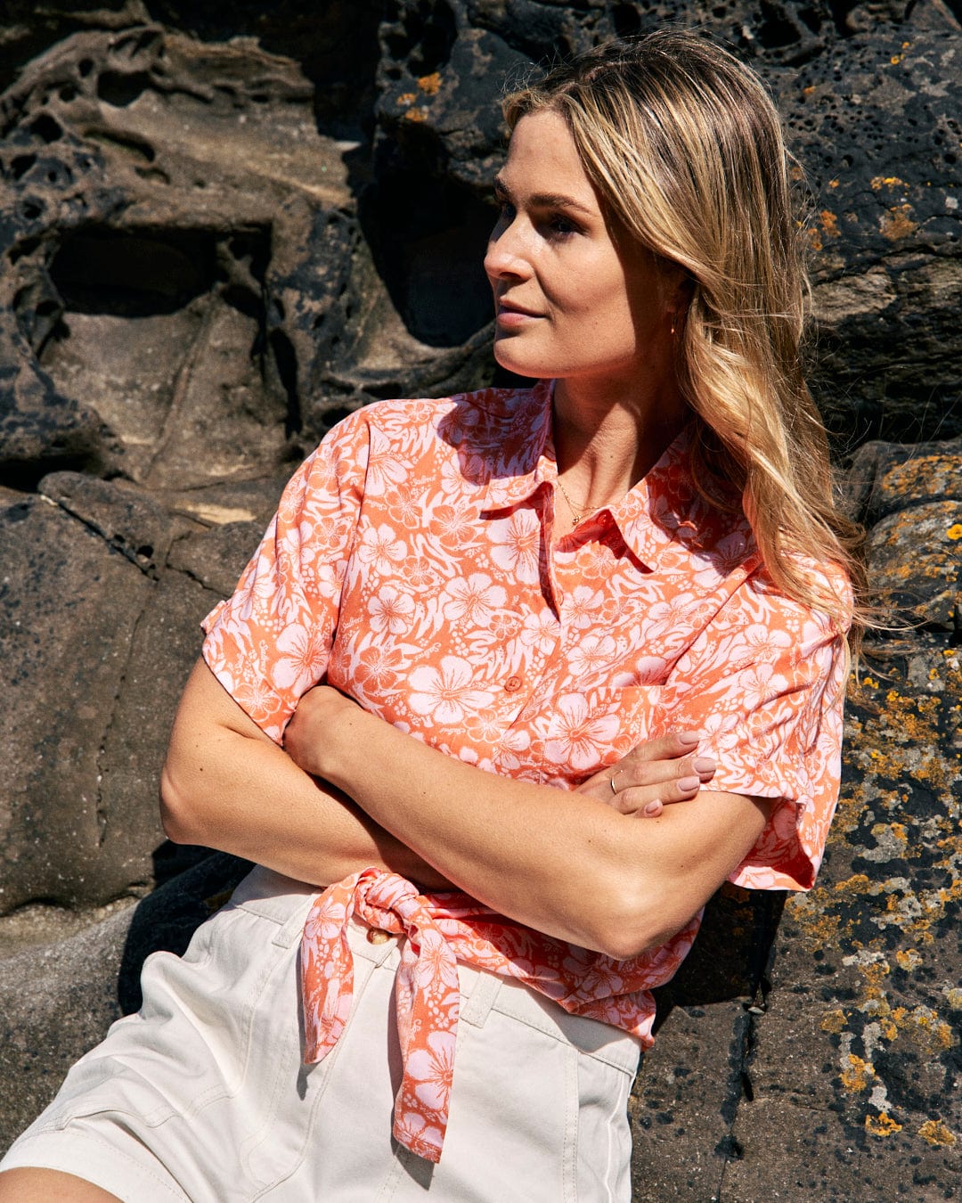 Hibiscus - Womens Tie Front Shirt - Orange - Image 4