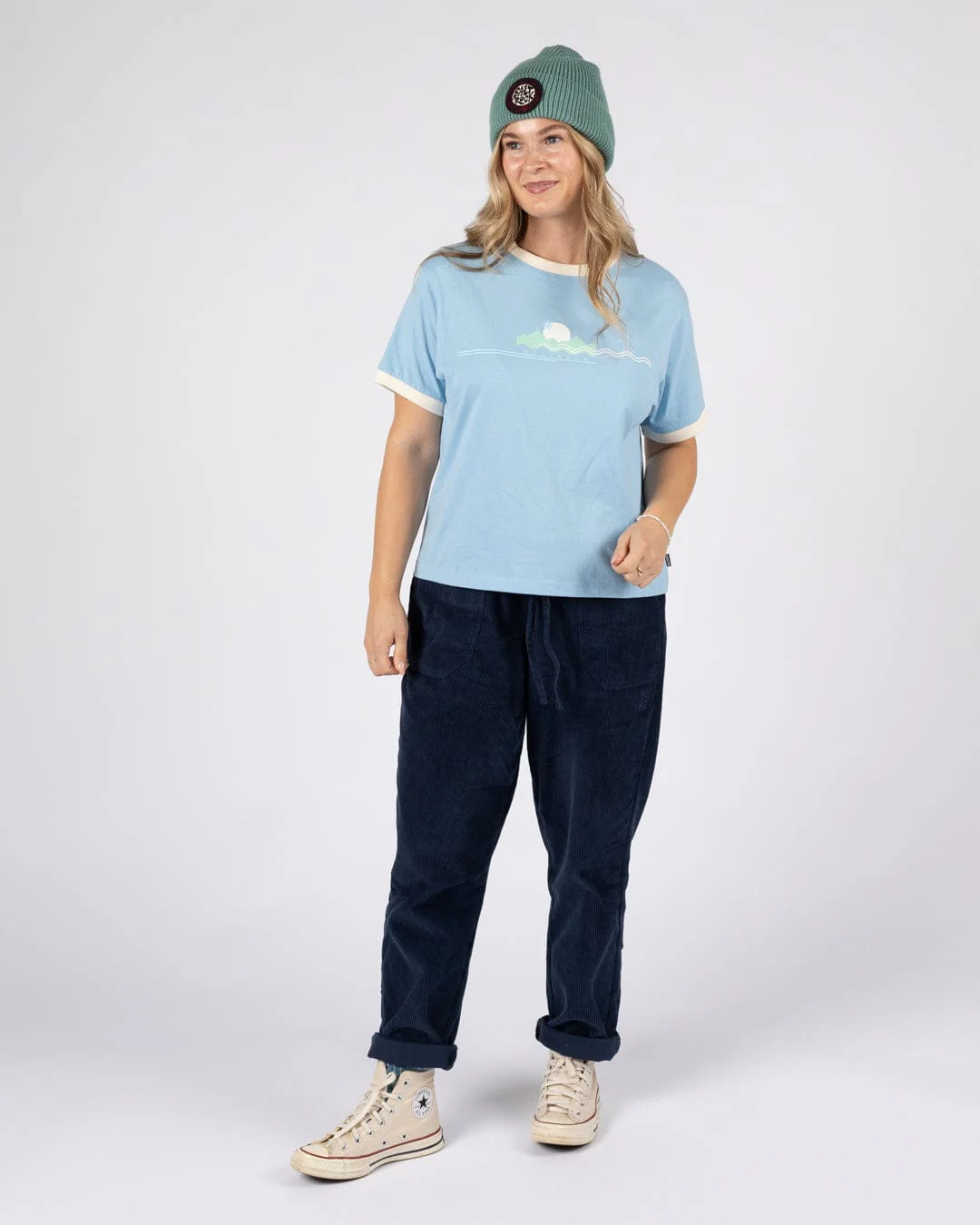 Horizon Stripe  - Womens Oversized Short Sleeve T-Shirt - Light Blue - Image 5