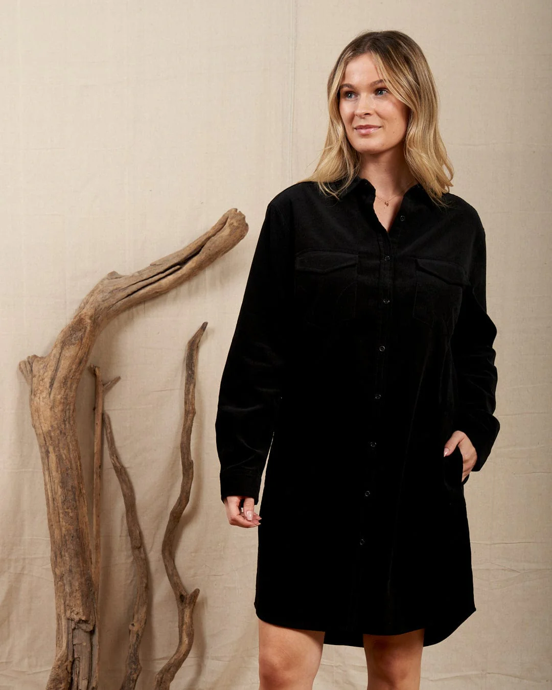 Iris - Womens Cord Shirt Dress - Black - Image 10