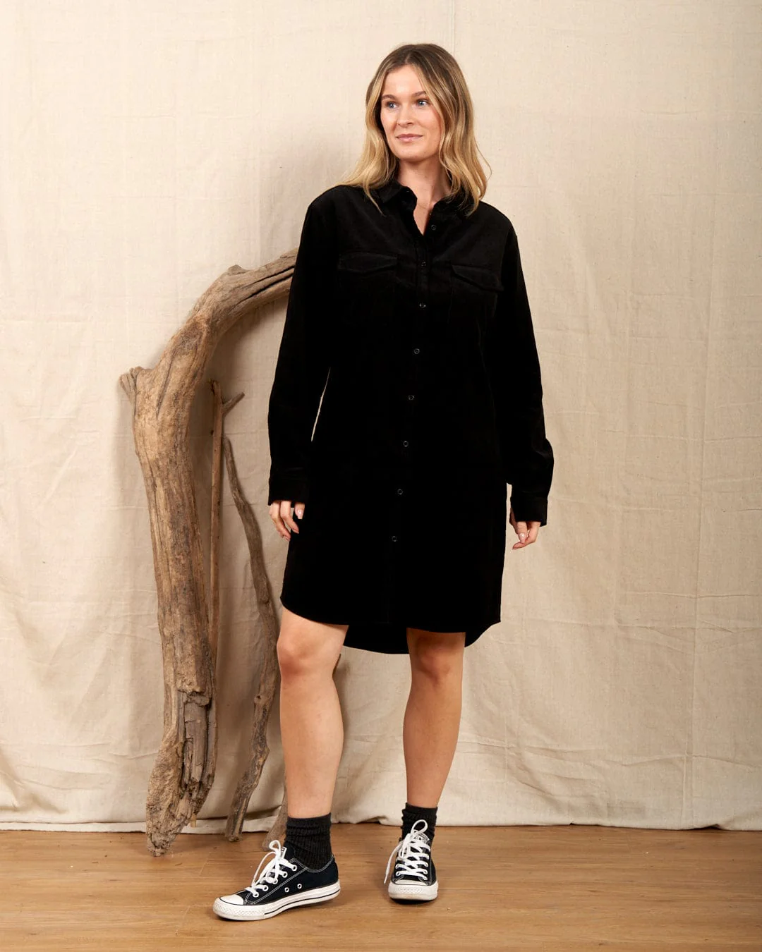 Iris - Womens Cord Shirt Dress - Black - Image 2