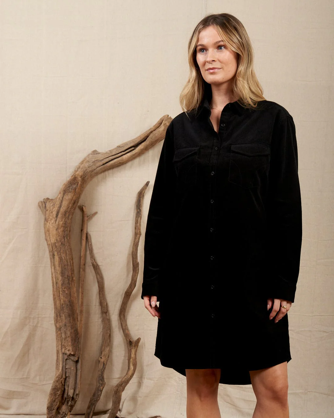 Iris - Womens Cord Shirt Dress - Black - Image 6