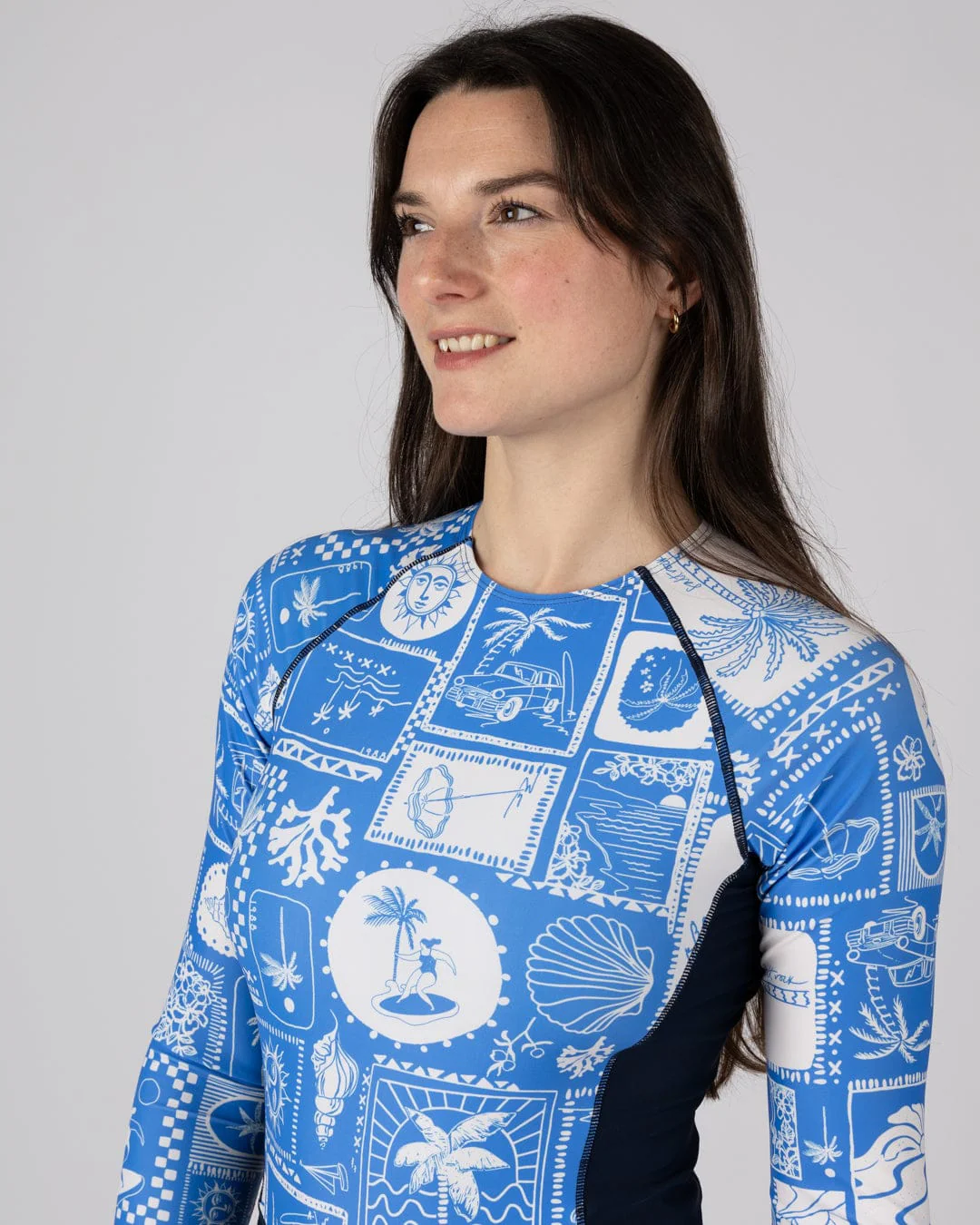 Island Tiles - Womens Long Sleeve Swimsuit - Blue - Image 2