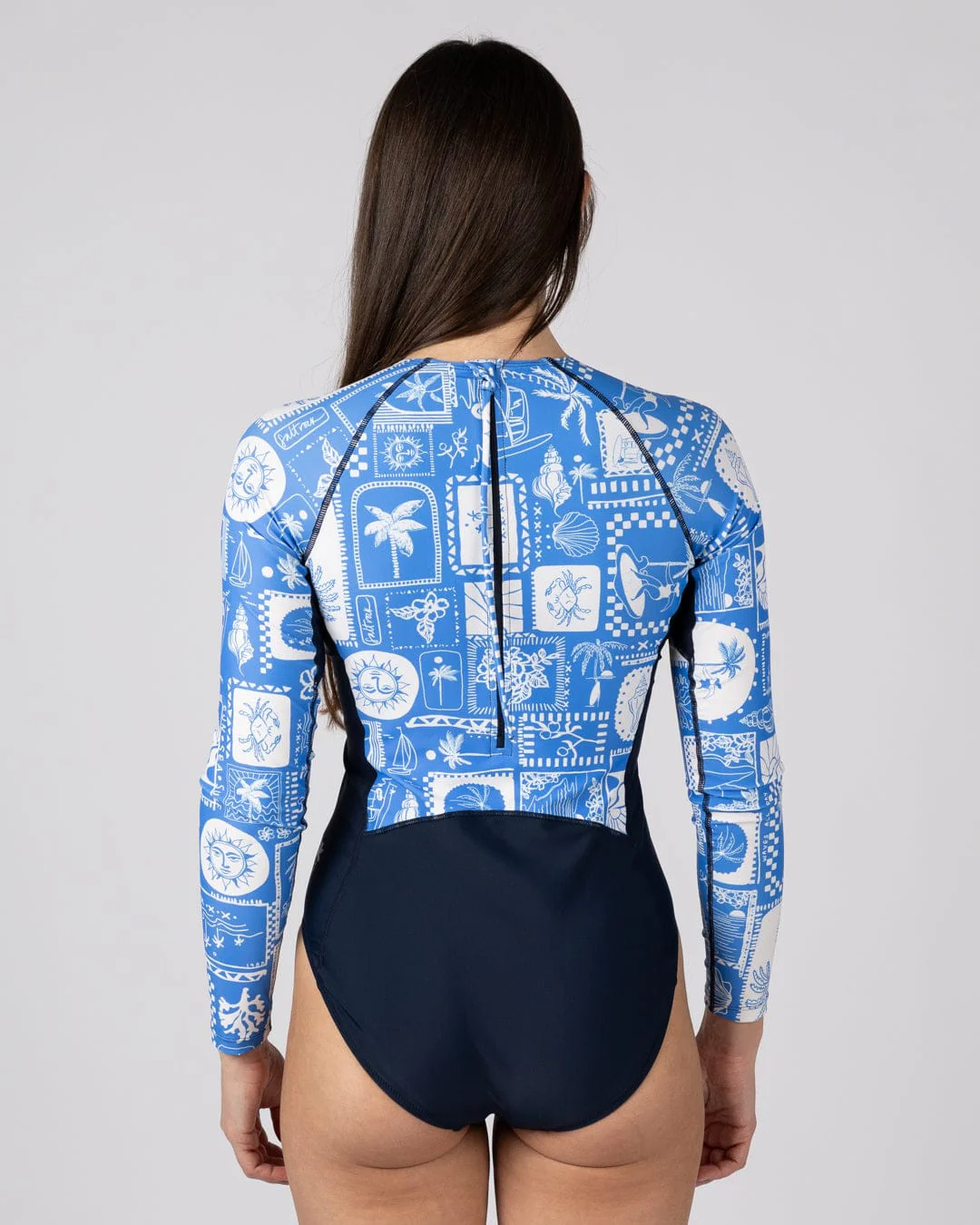 Island Tiles - Womens Long Sleeve Swimsuit - Blue - Image 5