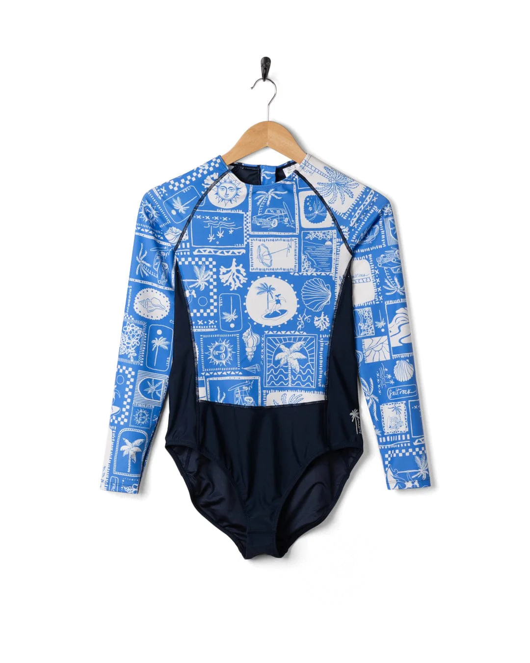 Island Tiles - Womens Long Sleeve Swimsuit - Blue - Image 7