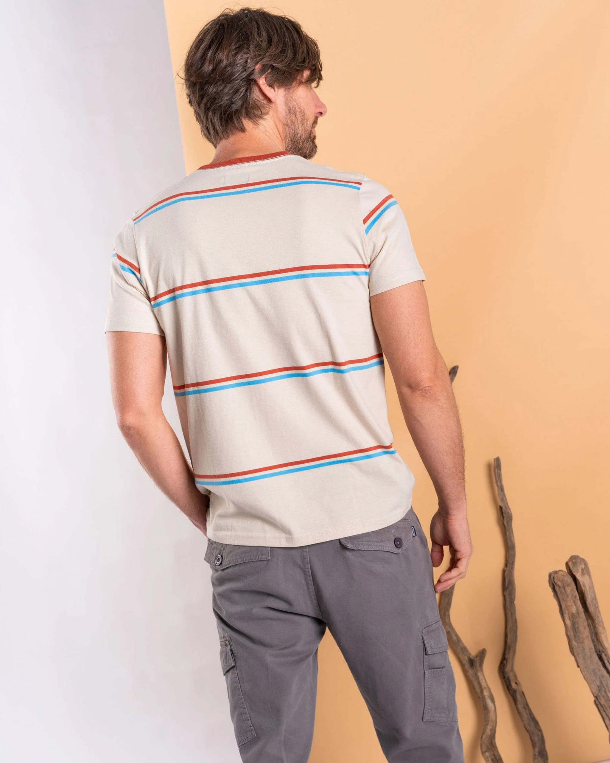Landon - Mens Stripe Short Sleeve T-Shirt - Cream - Image 7