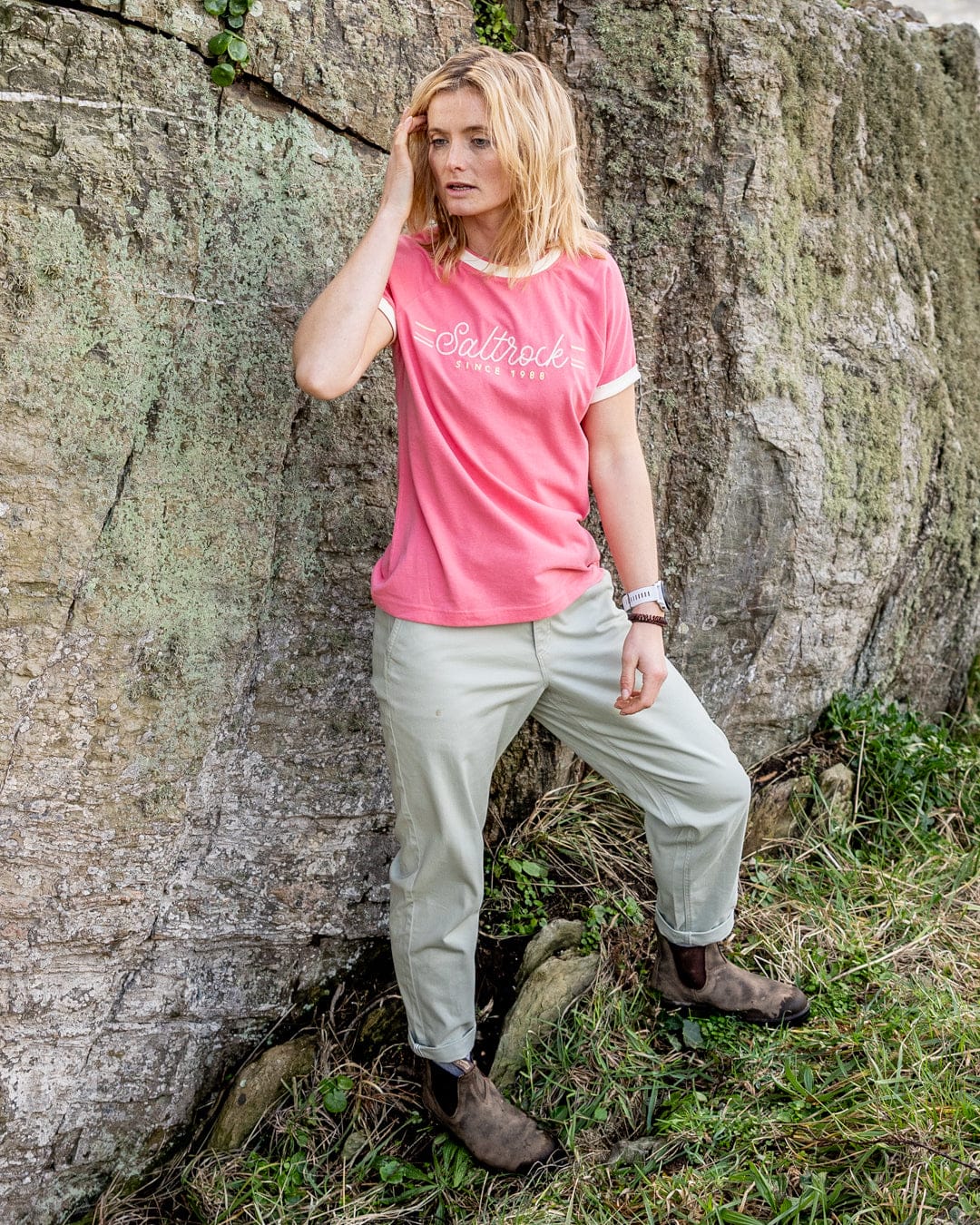 Links - Womens Short Sleeve Ringer T-Shirt - Pink - Image 4