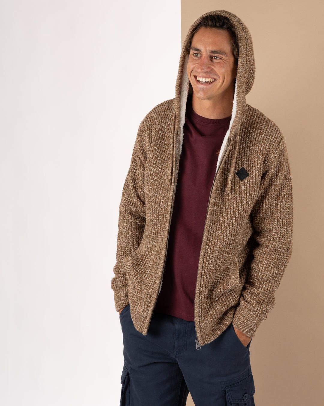 Markus - Mens Borg Lined Knitted Zip Hoodie - Brown - Image 11