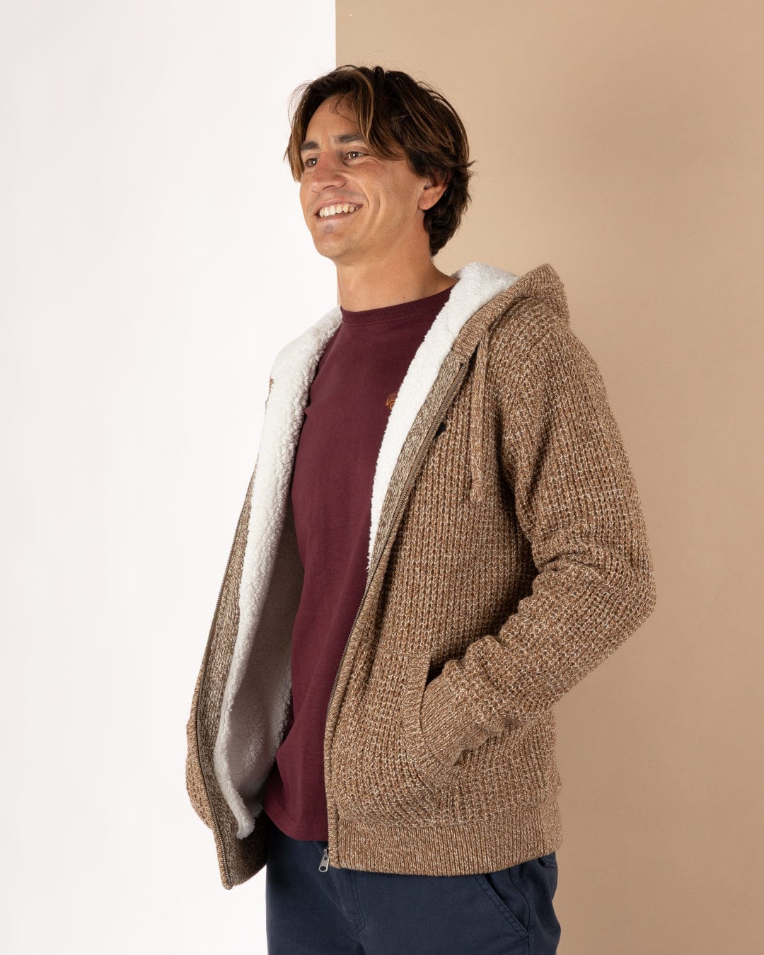 Markus - Mens Borg Lined Knitted Zip Hoodie - Brown - Image 5