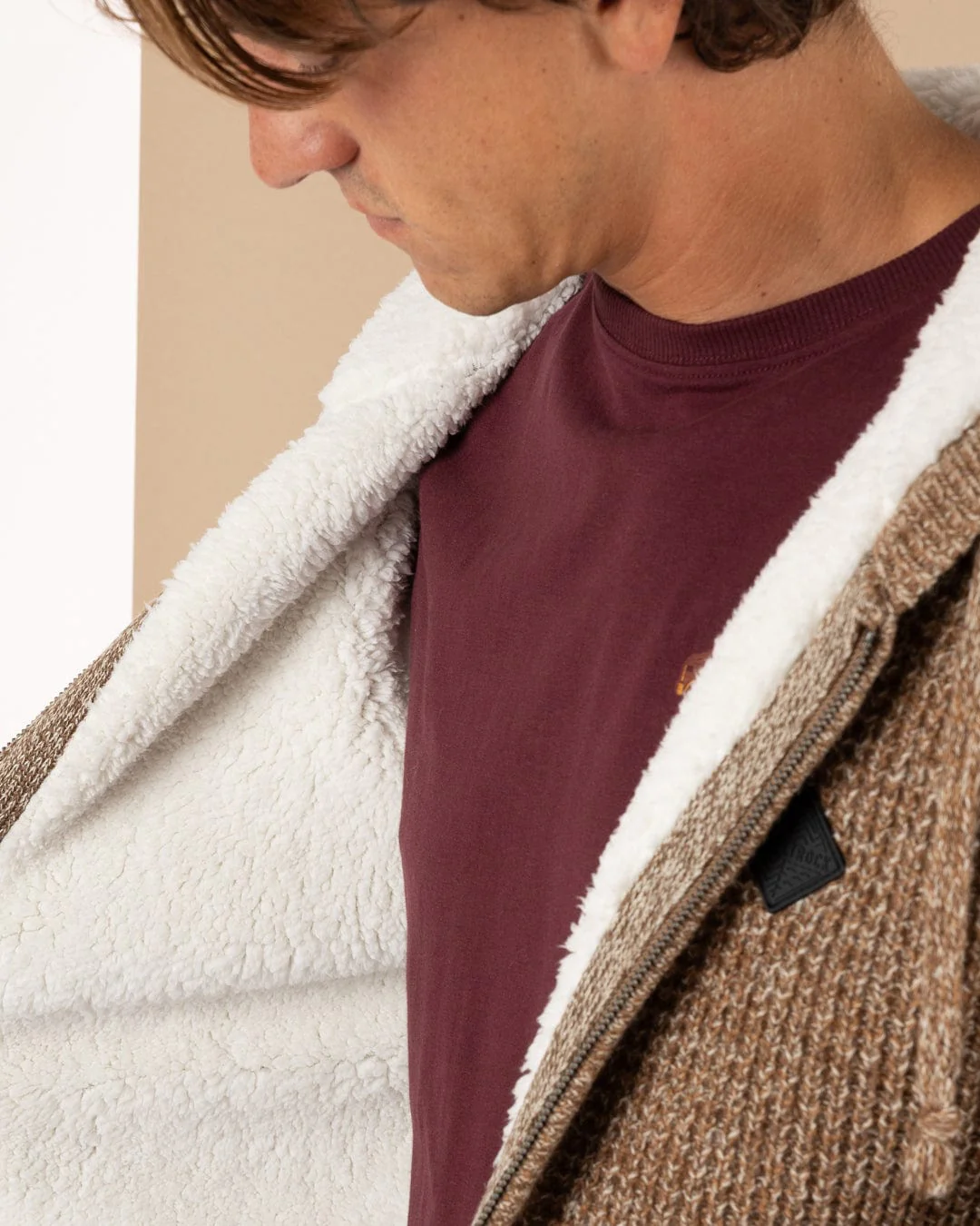 Markus - Mens Borg Lined Knitted Zip Hoodie - Brown - Image 6