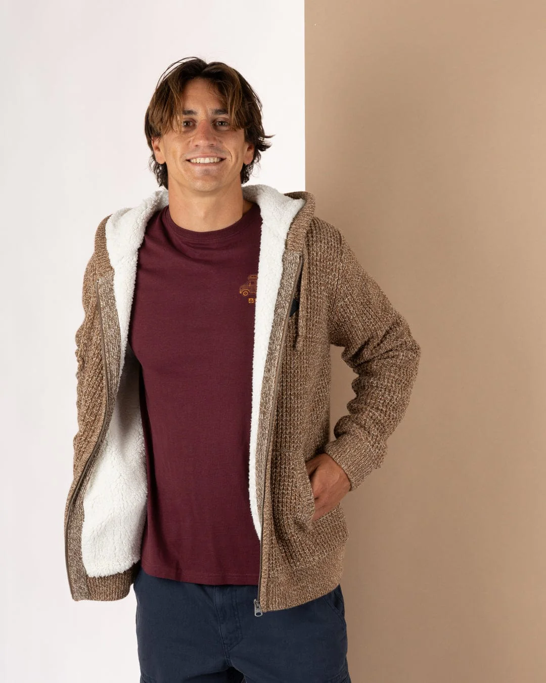 Markus - Mens Borg Lined Knitted Zip Hoodie - Brown - Image 7
