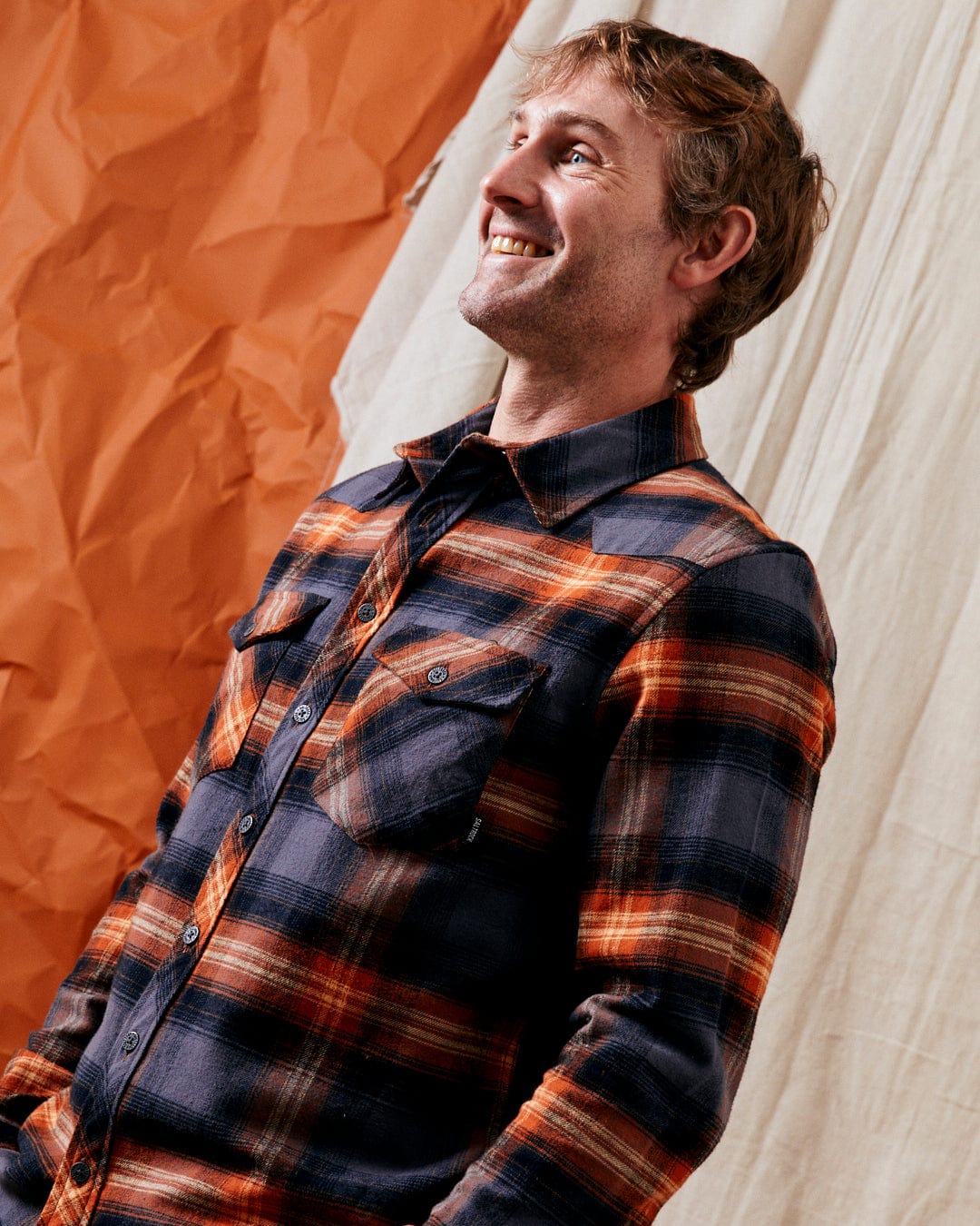Miles - Mens Check Flannel Shirt - Orange - Image 2