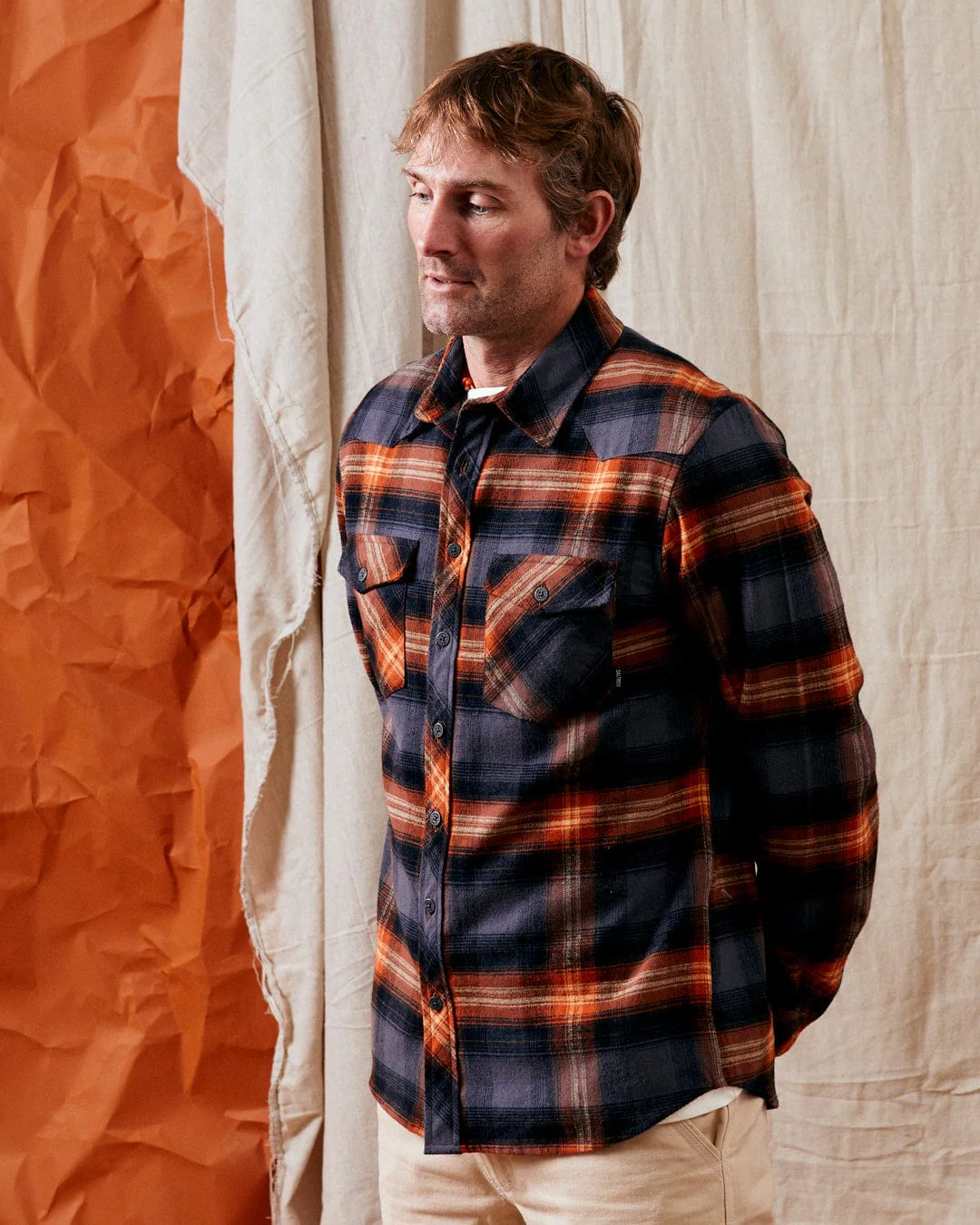 Miles - Mens Check Flannel Shirt - Orange - Image 6