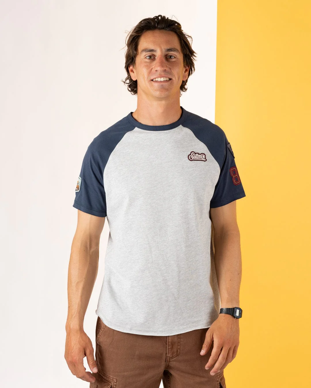 Patch Raglan - Mens Short Sleeve Raglan T-Shirt - Blue/Grey - Image 3