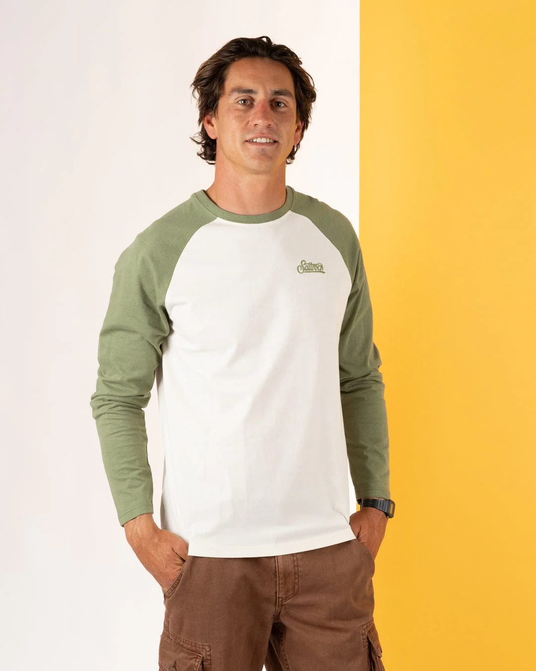 Pitcher Embroidery - Mens Raglan Long Sleeve T-Shirt - Green - Image 2