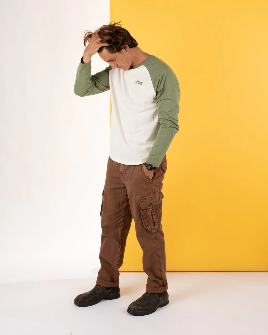 Pitcher Embroidery - Mens Raglan Long Sleeve T-Shirt - Green - Image 3