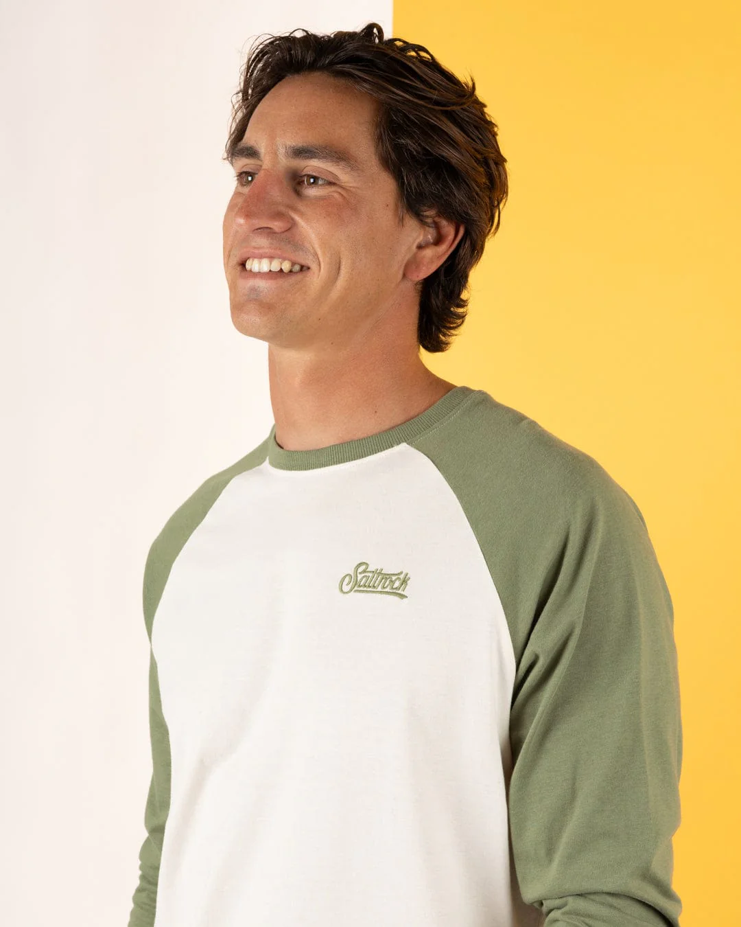 Pitcher Embroidery - Mens Raglan Long Sleeve T-Shirt - Green - Image 4