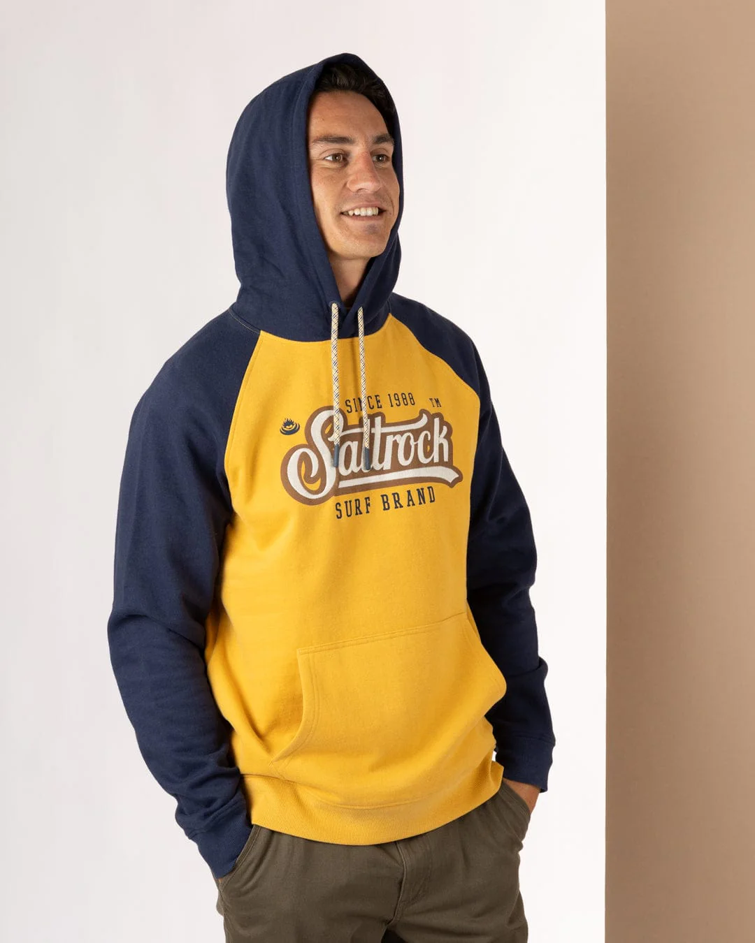 Pitcher Raglan - Mens Pop Hoodie - Yellow/Blue - Image 4