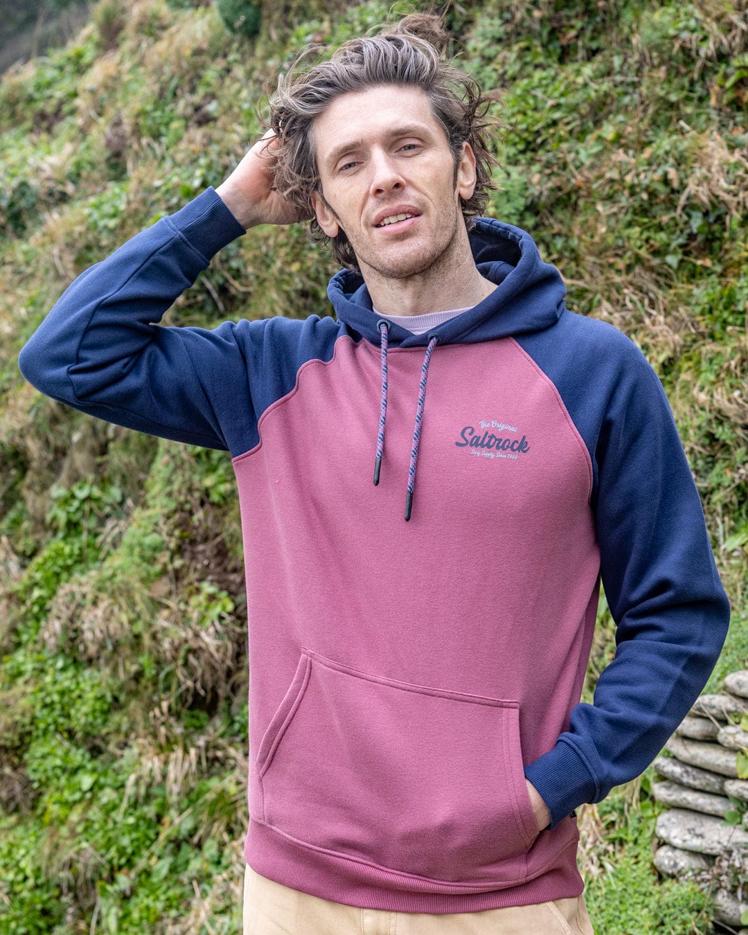 Postcard Script - Mens Raglan Pop Hoodie - Dark Pink/Blue - Image 2