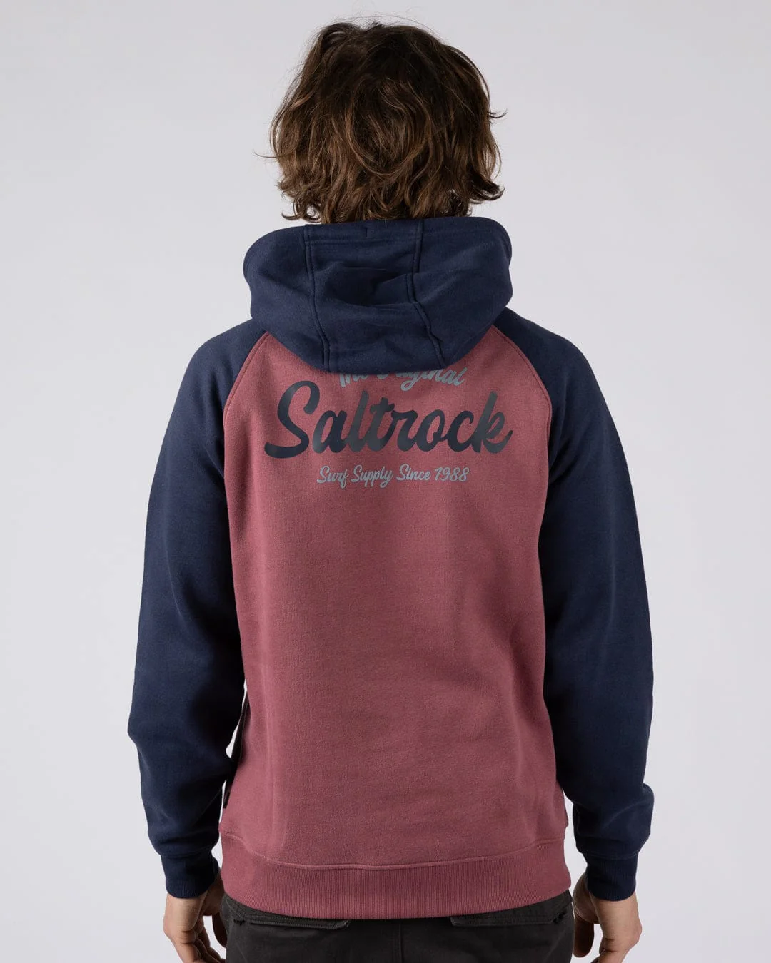 Postcard Script - Mens Raglan Pop Hoodie - Dark Pink/Blue - Image 3