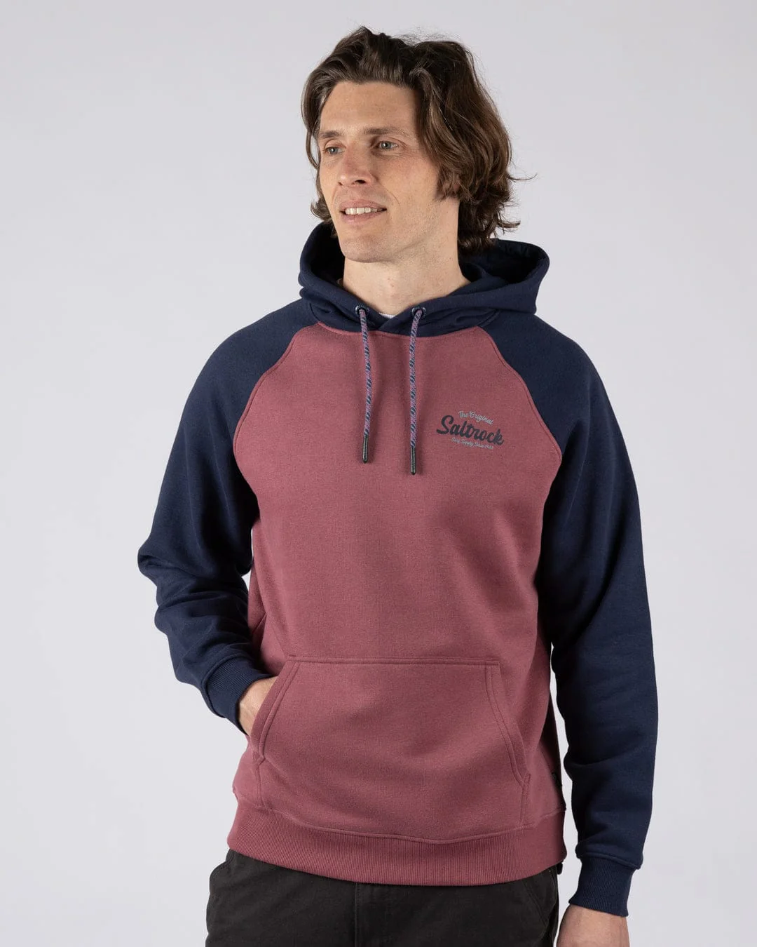 Postcard Script - Mens Raglan Pop Hoodie - Dark Pink/Blue - Image 4