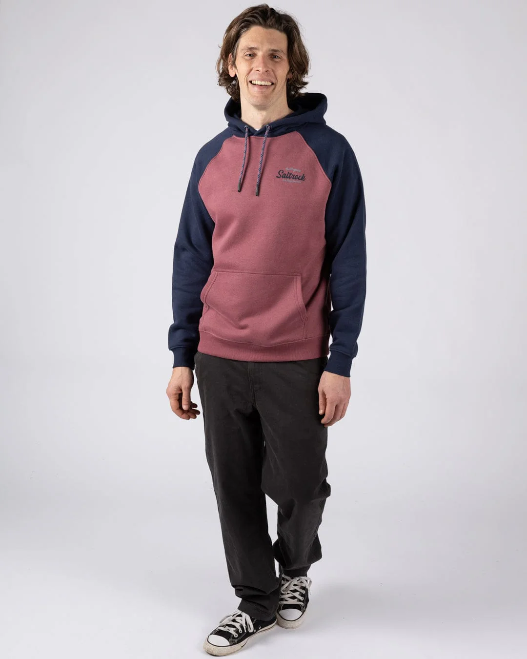 Postcard Script - Mens Raglan Pop Hoodie - Dark Pink/Blue - Image 6