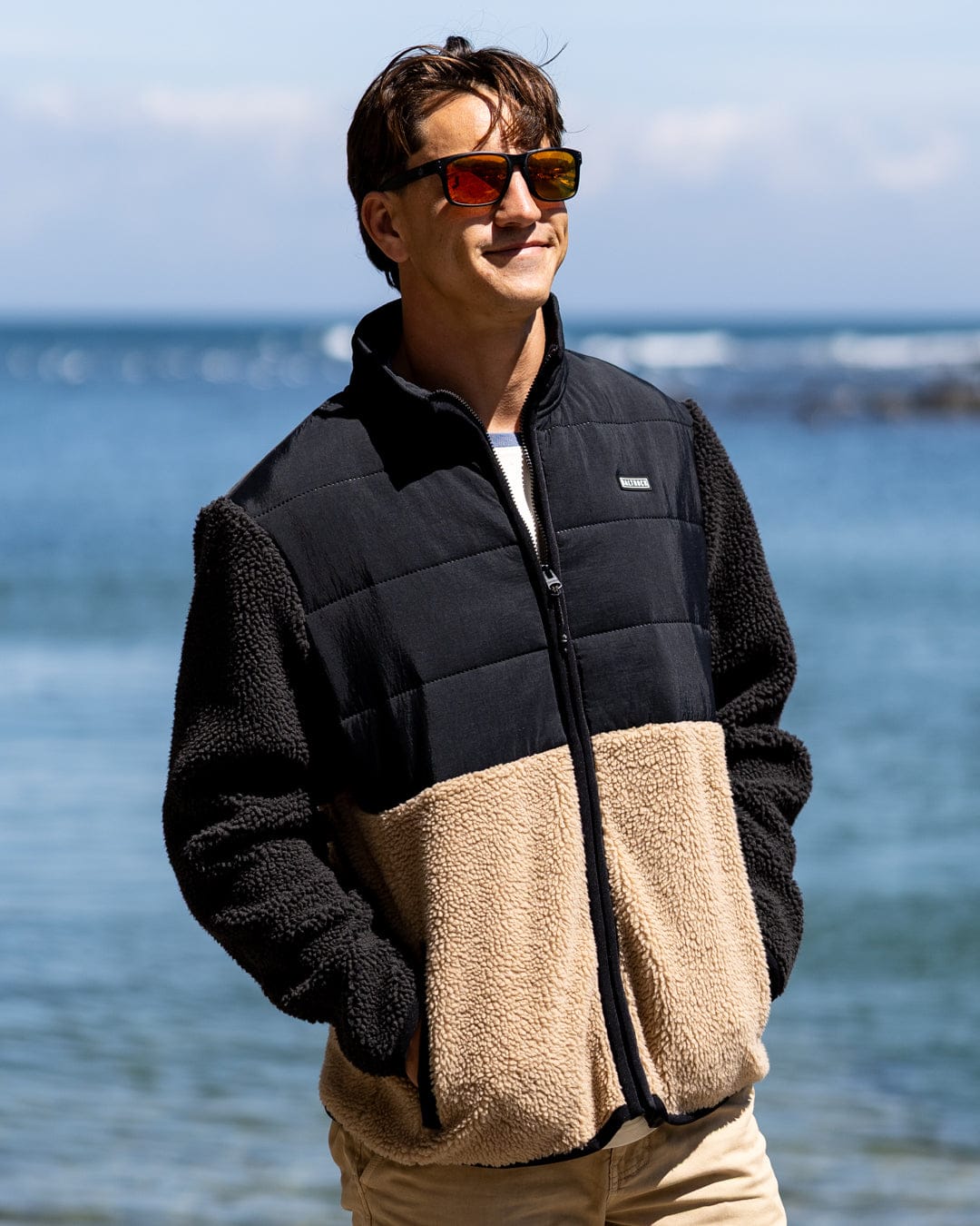 Rafe - Mens Zip Fleece - Black/Beige - Image 8