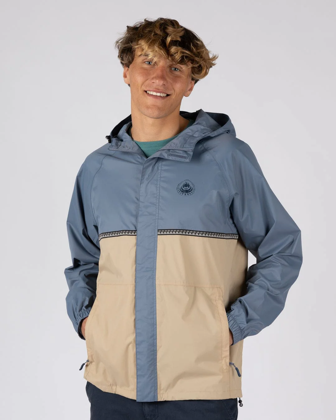 Rainer Tribal - Mens Waterproof Packable Rain Jacket- Blue/Beige - Image 2