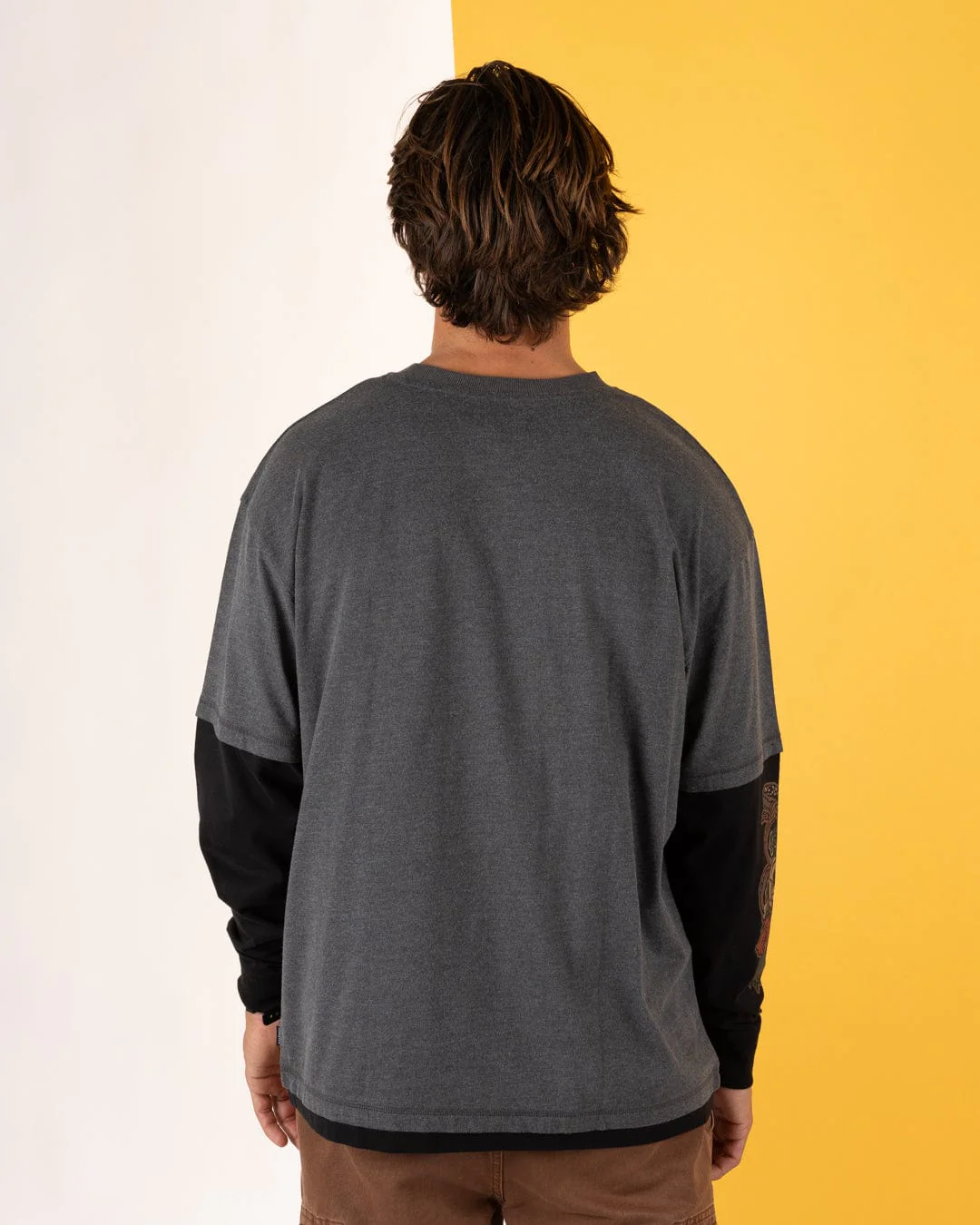 Shaka Tattoo - Mens Oversized Long Sleeve T-Shirt - Dark Grey - Image 3