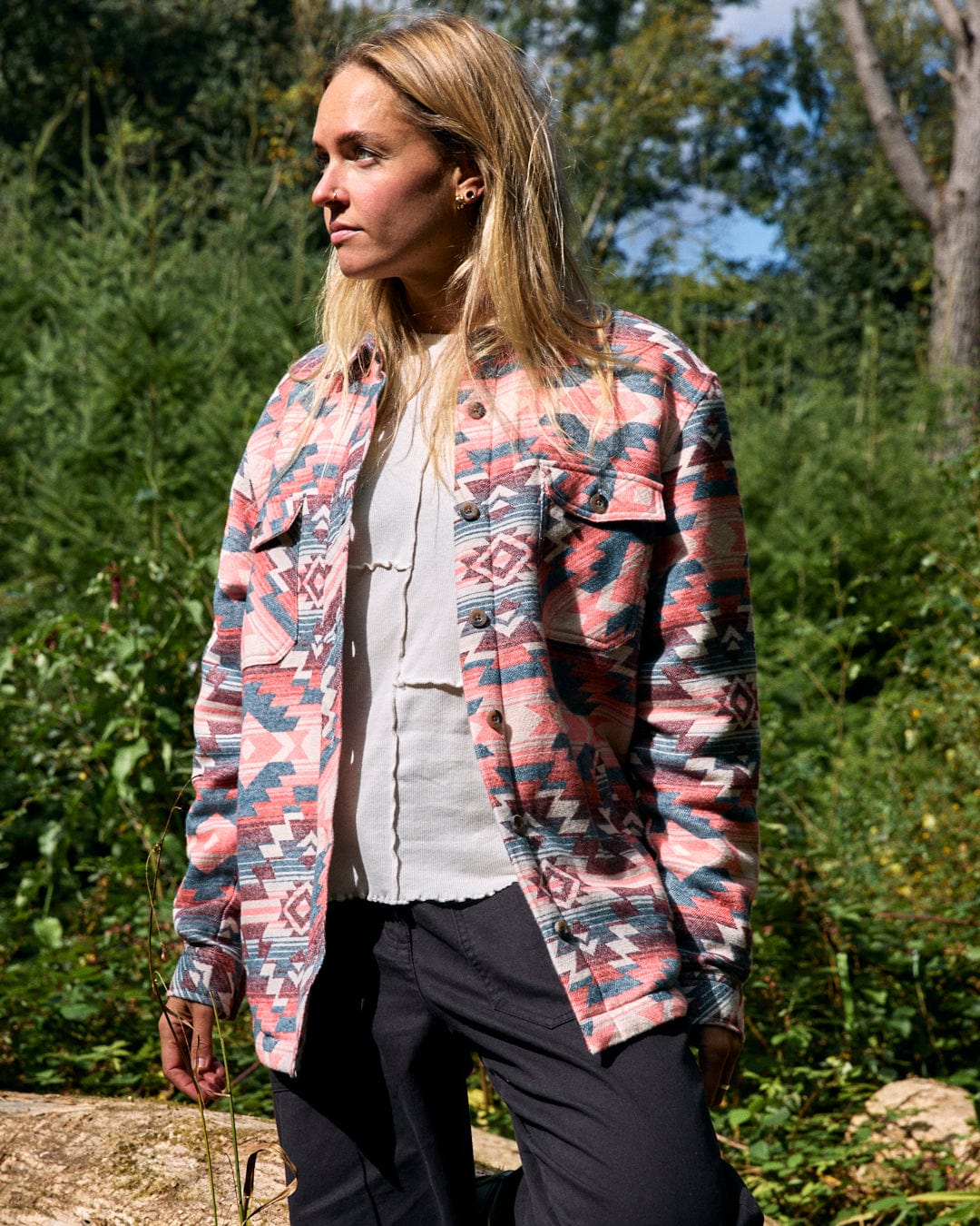 Stella Aztec - Womens Recycled Sherpa Lined Shacket - Pink - Image 2