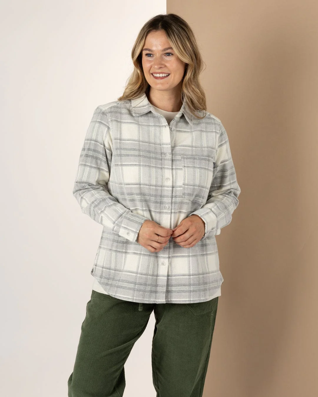 Tiff -Womens Corduroy Check Shirt - Cream/Grey - Image 2