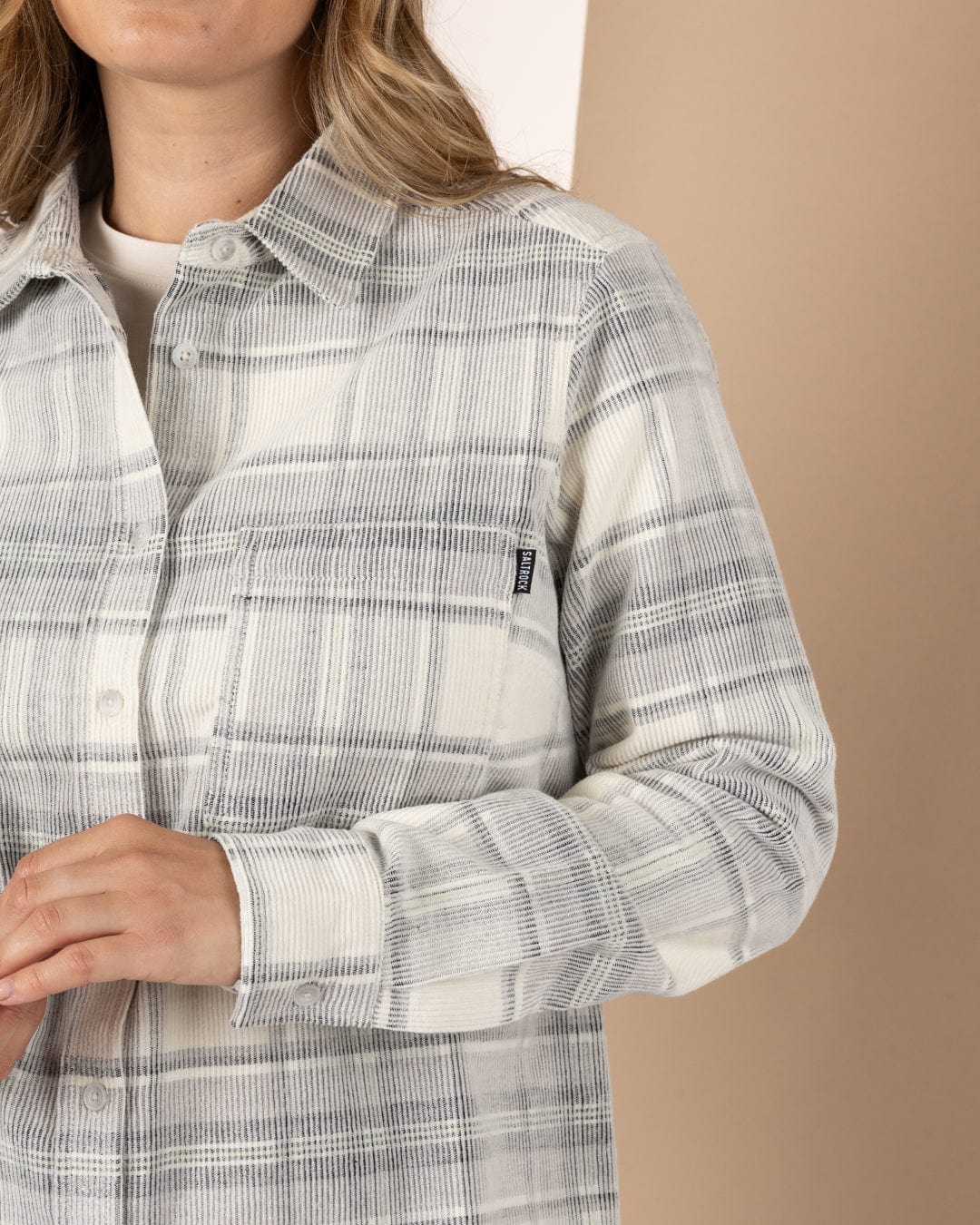 Tiff -Womens Corduroy Check Shirt - Cream/Grey - Image 6