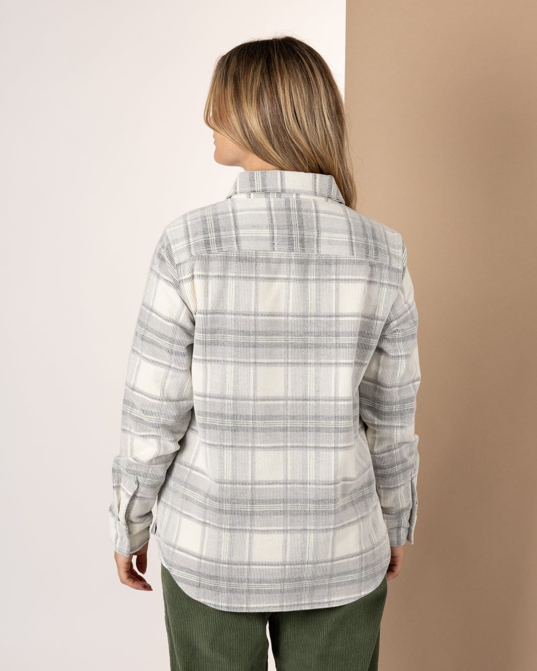 Tiff -Womens Corduroy Check Shirt - Cream/Grey - Image 8