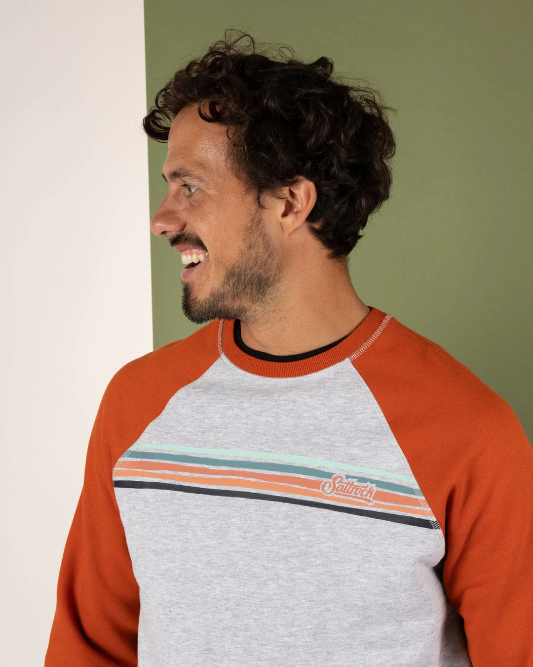 Torn Stripe - Mens Raglan Sweat - Orange/Grey - Image 6