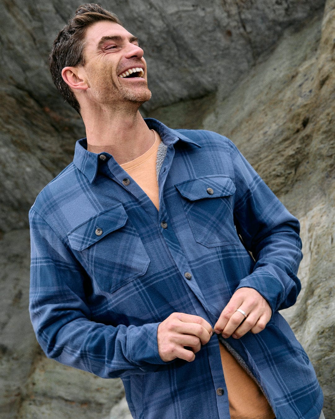 Woody - Mens Sherpa Lined Shacket - Mid Blue - Image 7
